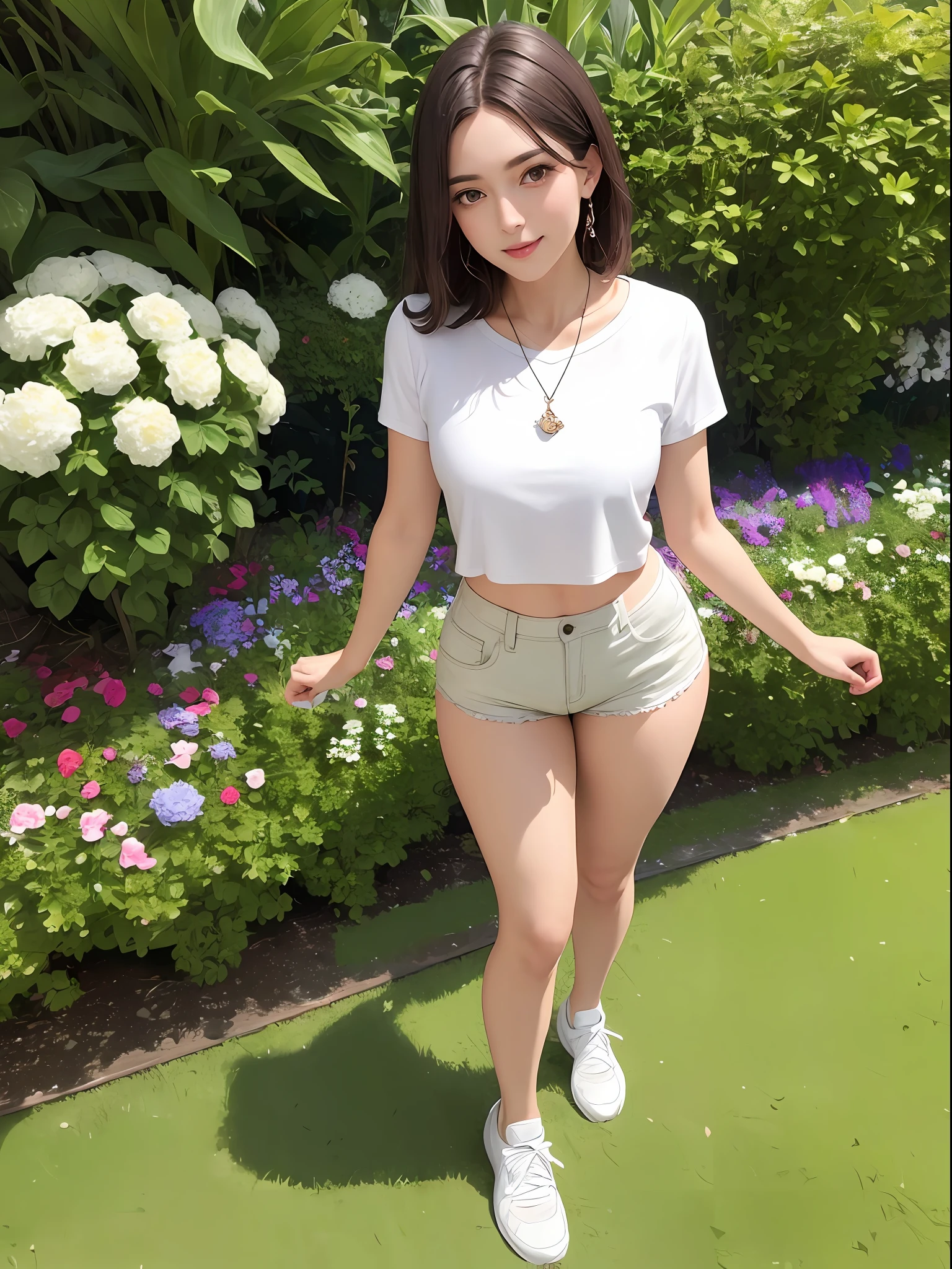 Masterpiece quality, 8K resolution, a beautiful figure, short dark brown hair, medium chest, pendant, standing in the garden in a Henry flower shirt and ripped shorts, long slender legs, white stockings, Nike sneakers, highly detailed facial skin and double eyelids, smiling eyes looking at the camera.