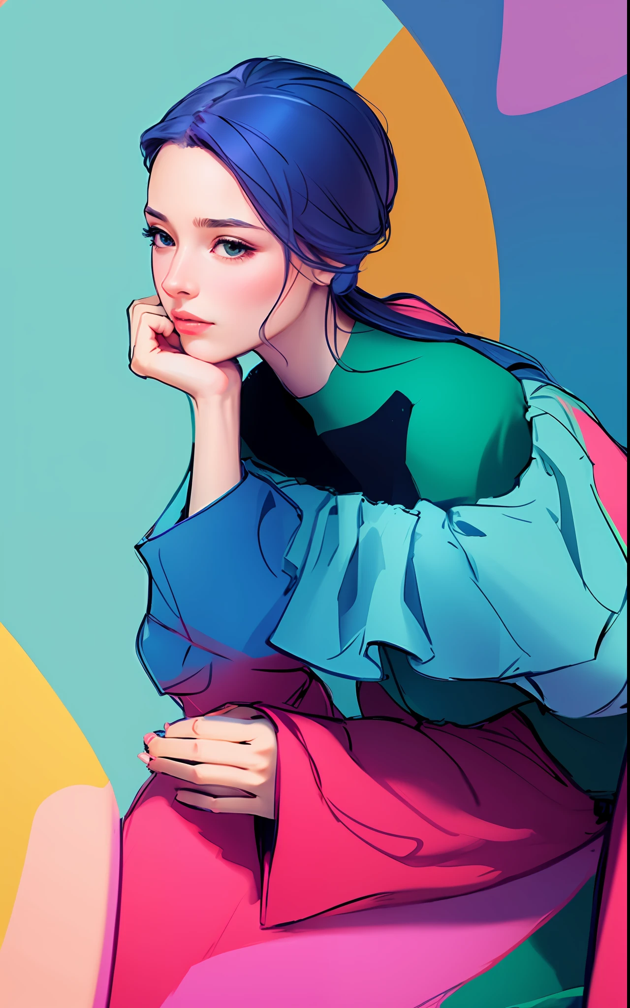 Bright colors, beautiful style, high-quality illustrations, female chin holding hand position, elegant drawing, detailed illustration of clothing and facial features.