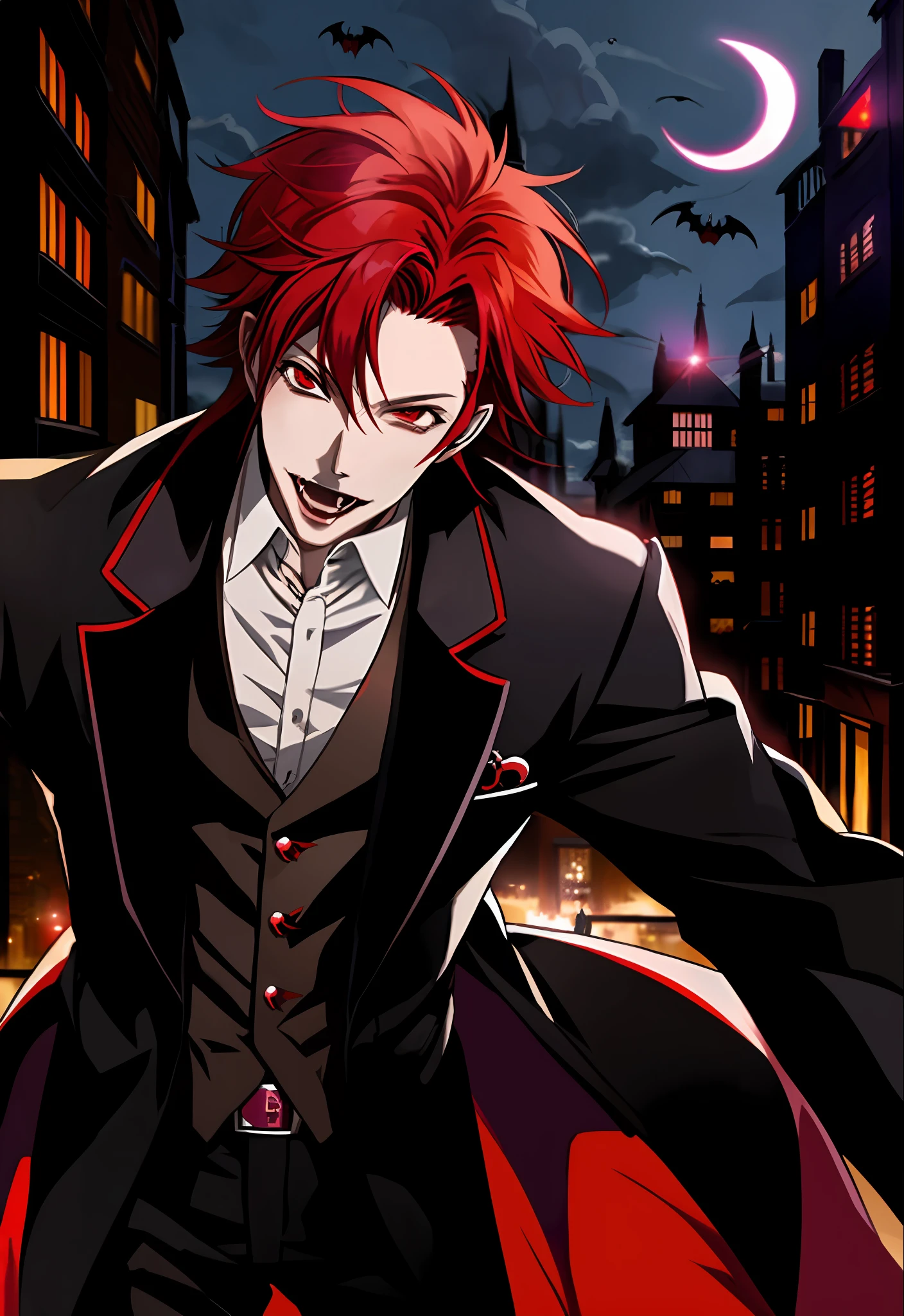 anime character with red hair and a black jacket, with red hair, anime handsome man, male anime character, 1boy, solo, suoh mikoto, k project, (((vampire))), insanity, malkavian, spirits following behind, laughing, city in background, (night), cowboy shot, dynamic lighting