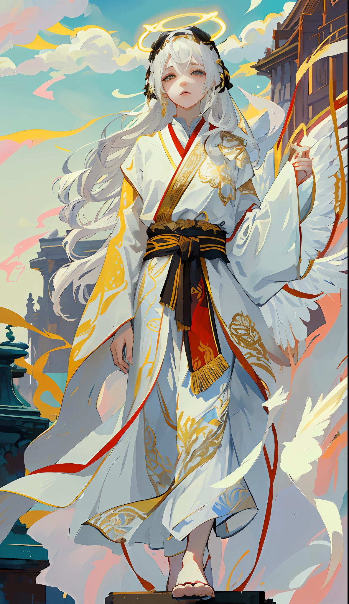 (Excellent, masterpiece), (1girl, solo, gold pattern robe, white pants, standing, looking ahead, halo of halo, golden wings, hands folded, white hair, yellow eyes, closed mouth, upper body), (clear sky, smoke, pillar of light, abandoned temple back, scenery colorful background), flowing hair