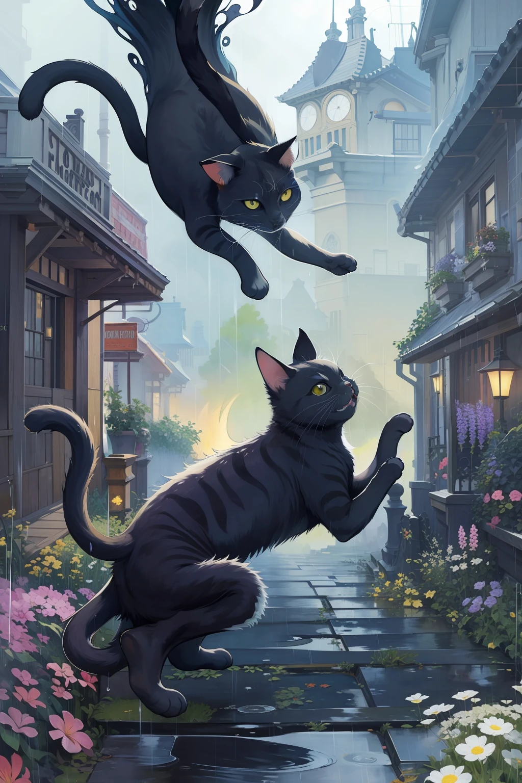 A cat black cute, album cover, alphonse mucha, rain background, action painting --chaos 0.4 --niji --q 0.25 --uplight,