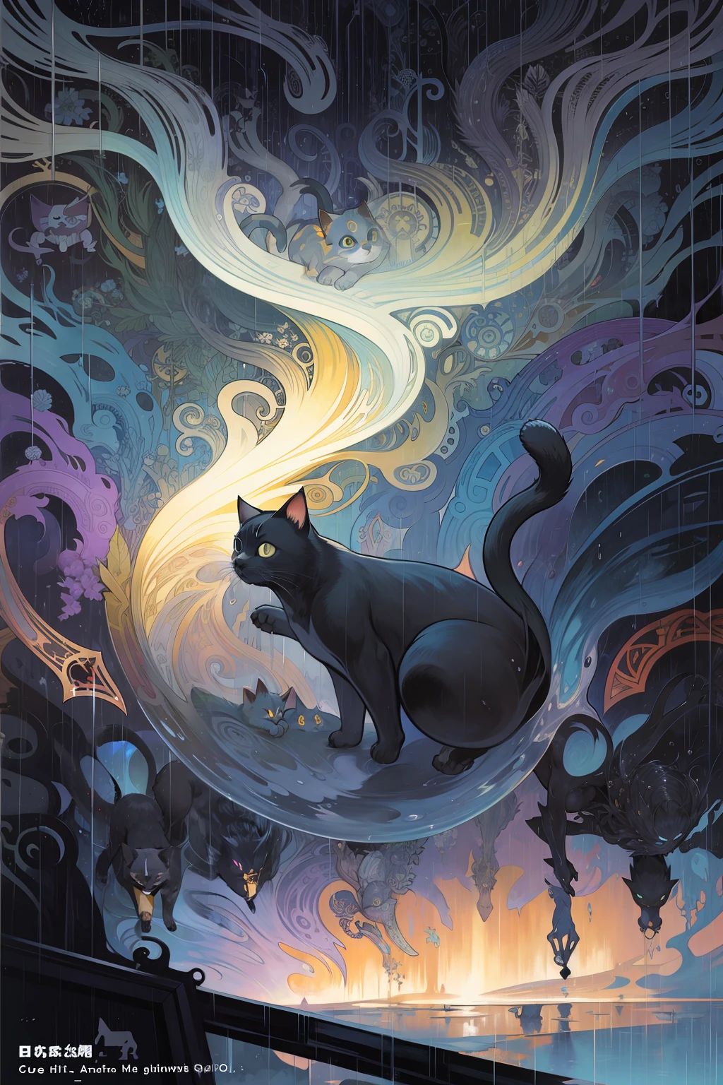 A cat black cute, album cover, alphonse mucha, rain background, action painting --chaos 0.4 --niji --q 0.25 --uplight,