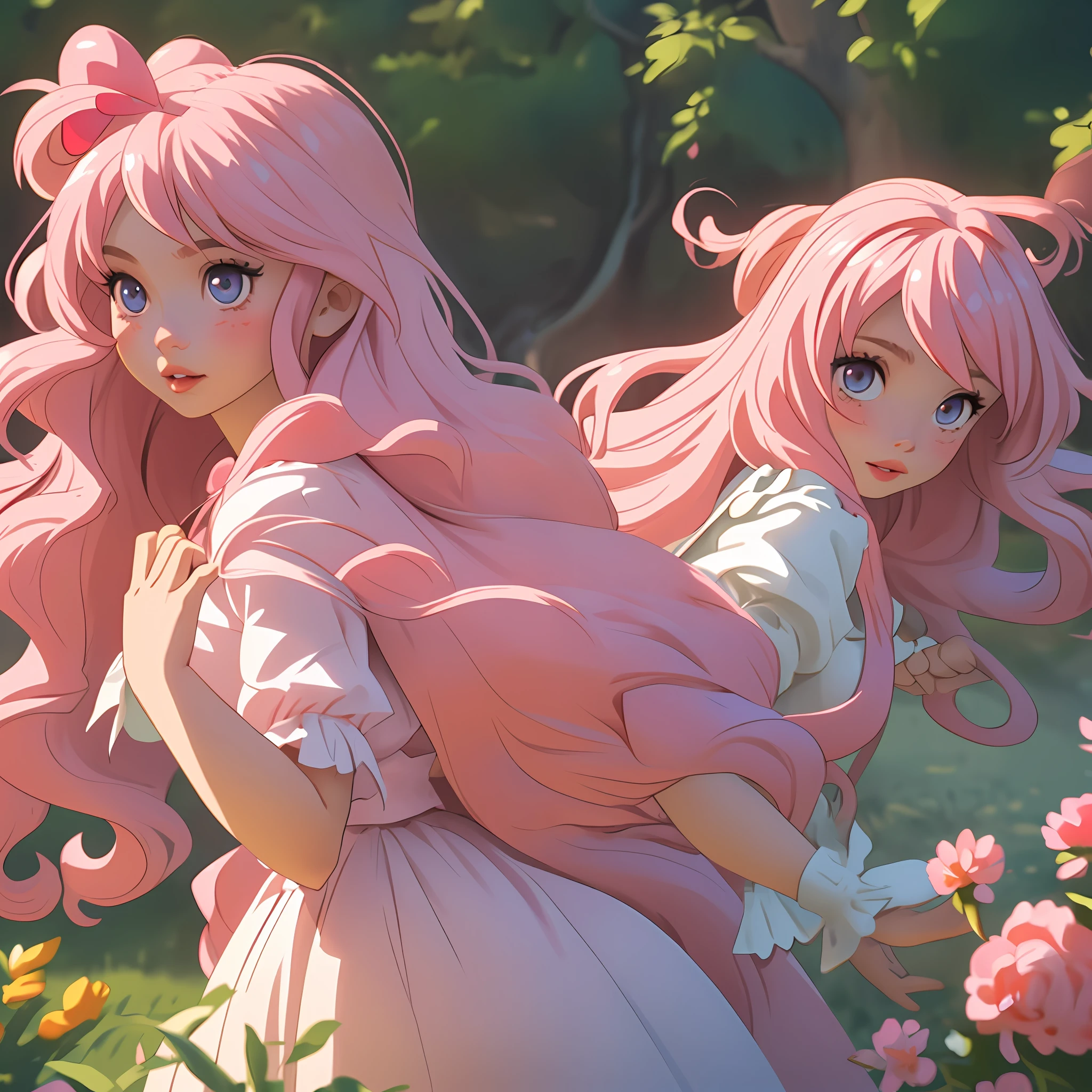 long wavy hair, light pink hair, 1girl, peach eyes, waving with two fingers, pink lips, dressed as Alice in Wonderland,