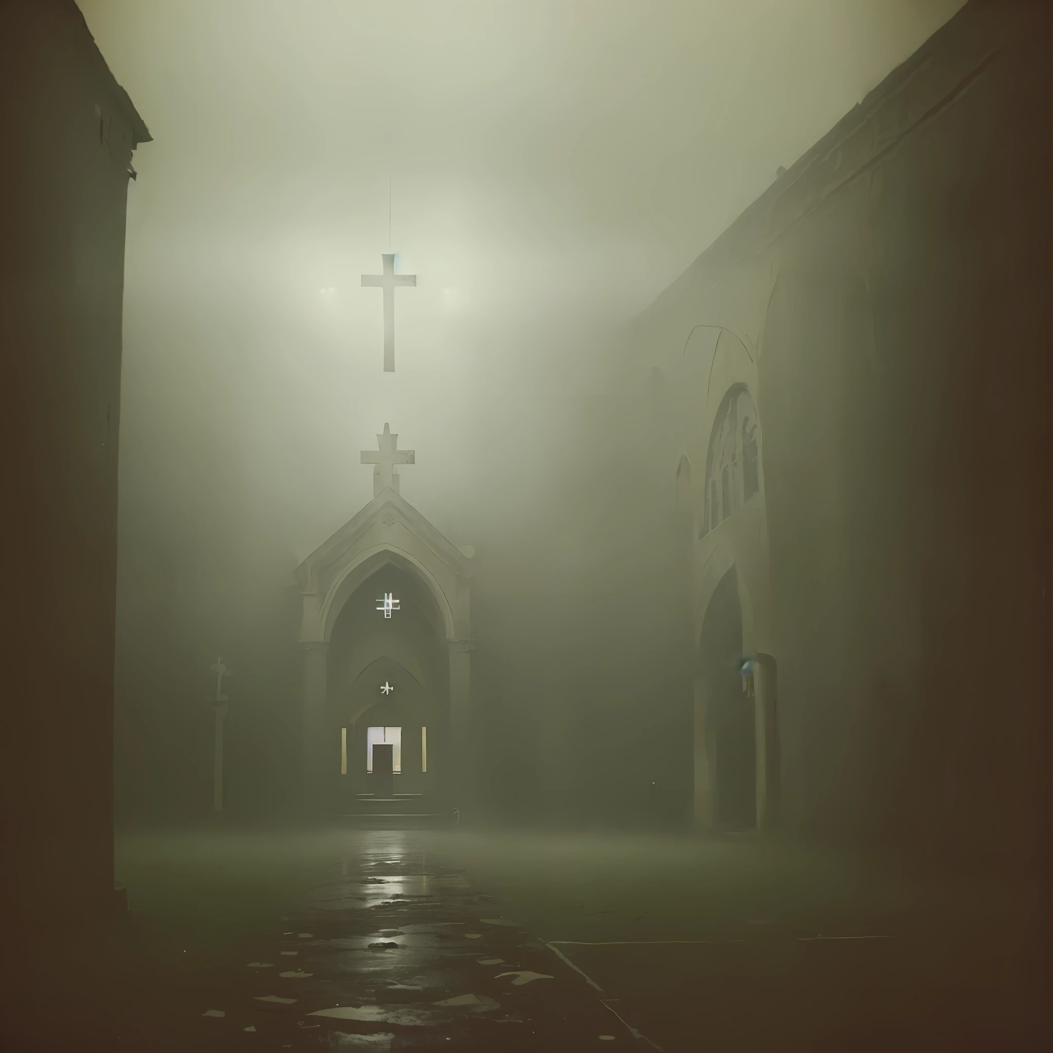 An old-looking photo taken with a Contax I 35mm camera, of a vintage Catholic church in the 60s with blood mirrored across the floor and wall crosses inverted on the wall, photo with grainy half yellowish, night, dark, fog,