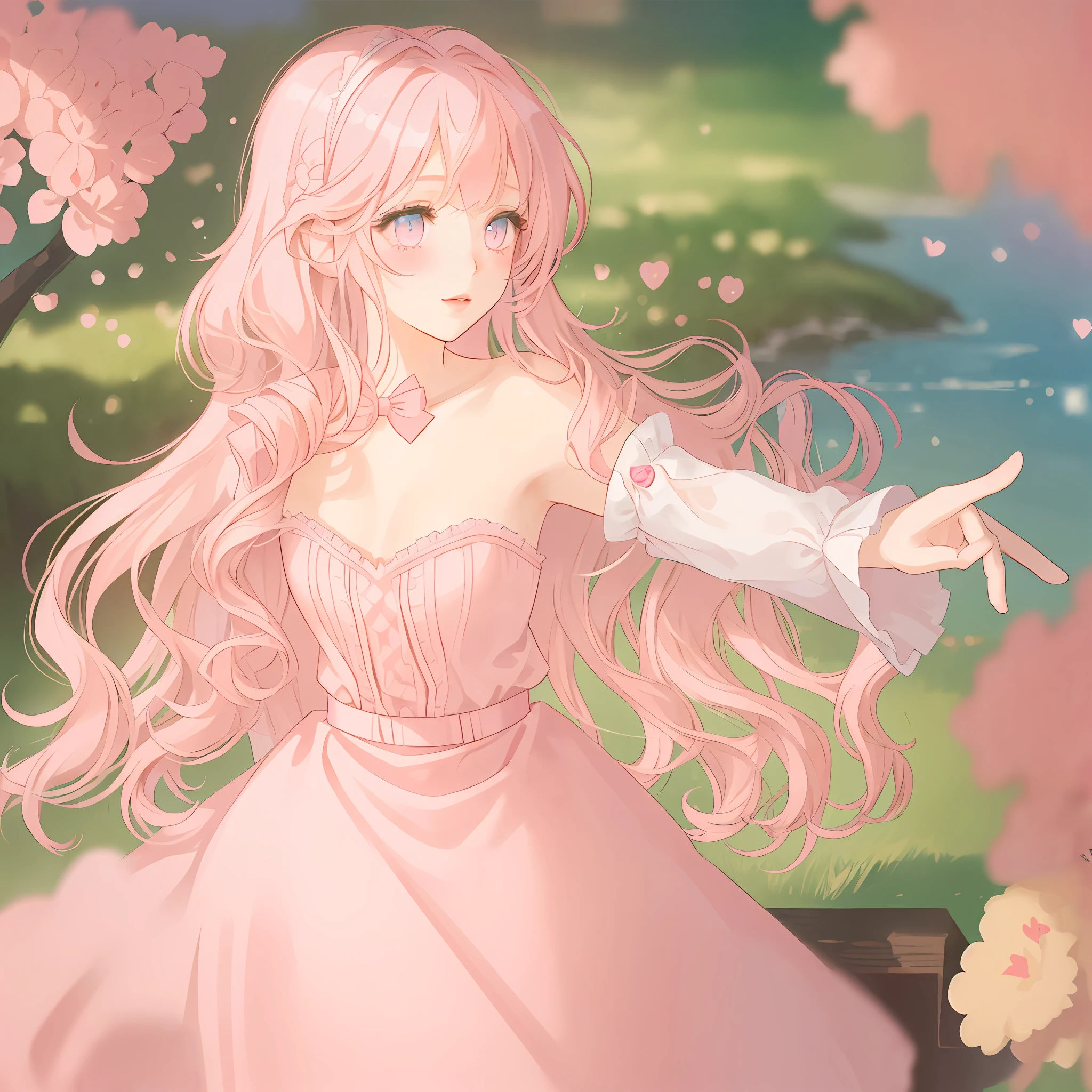 long wavy hair, light pink hair, 1girl, peach eyes, waving with two fingers, pink lips, dressed as Alice in Wonderland,