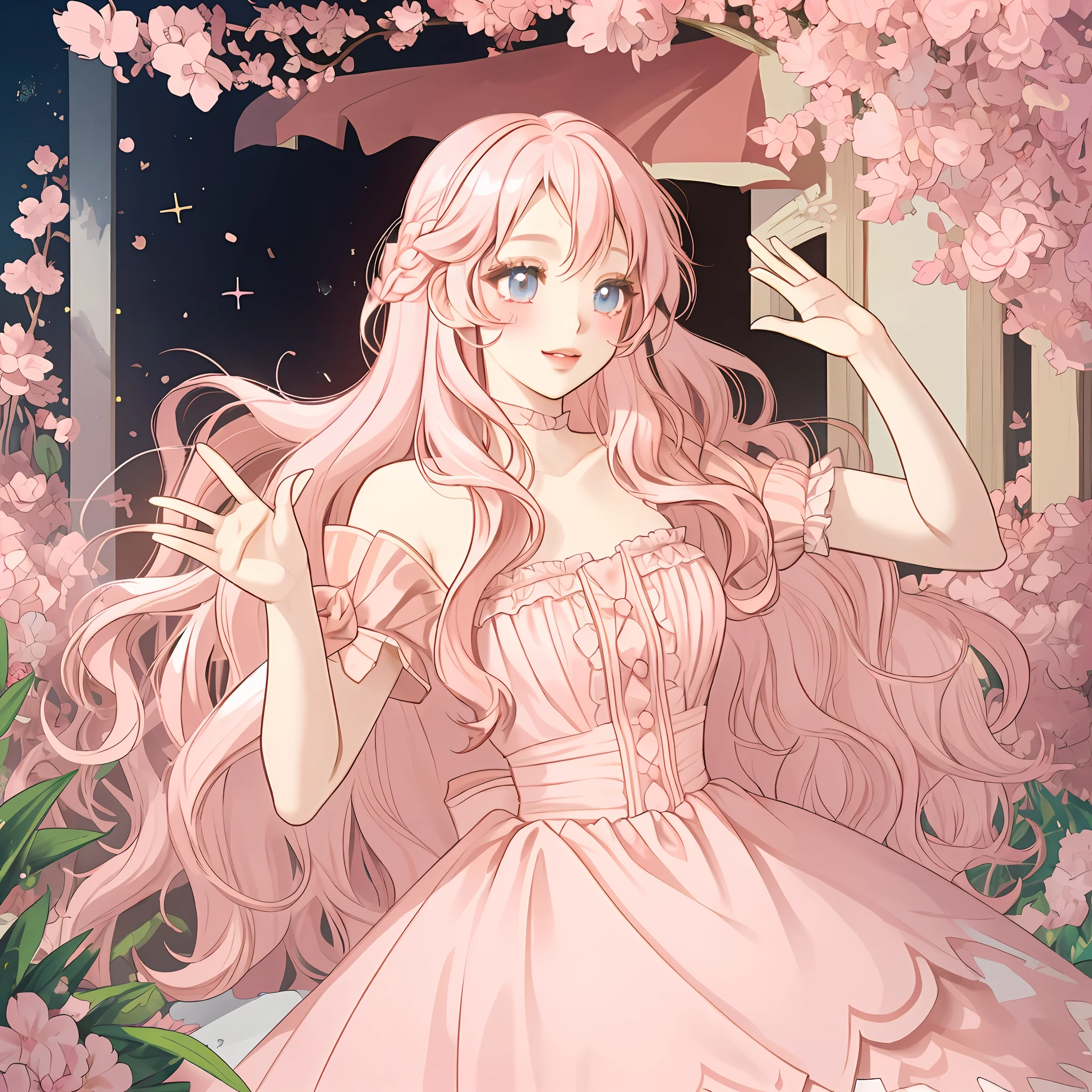 long wavy hair, light pink hair, 1girl, peach eyes, waving with two fingers, pink lips, dressed as Alice in Wonderland,