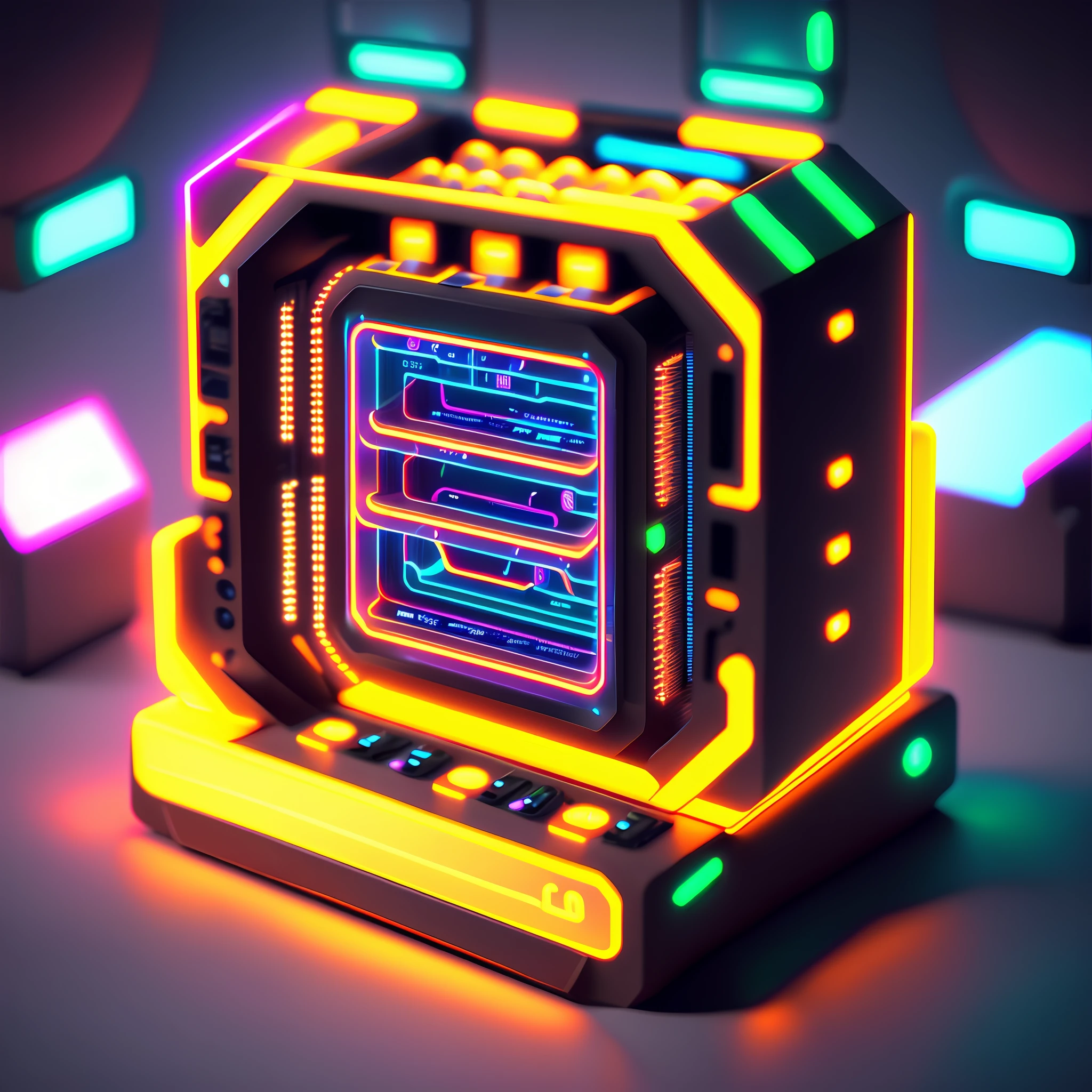 a close up of a computer processor with a neon light, a computer rendering inspired by Beeple, trending on polycount, holography, isometric futuristic game, isometric 8k, sci-fi building. isometric view, isometric game, isometric game art, glowing interior components, isometric style, isometric art