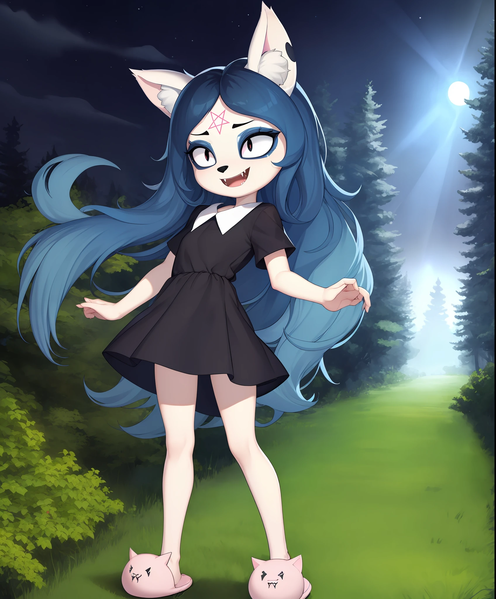 claire, furry catgirl, white fur, blue long hair, parted bangs, fangs, black eyes, slit pupils, pentagram forehead mark, black collared dress, short sleeves, pink animal slippers, black panties, cat ears, cat nose, open mouth, smile, standing, solo, full body, white outline, forest background (nighttime, starry sky), (masterpiece), best quality