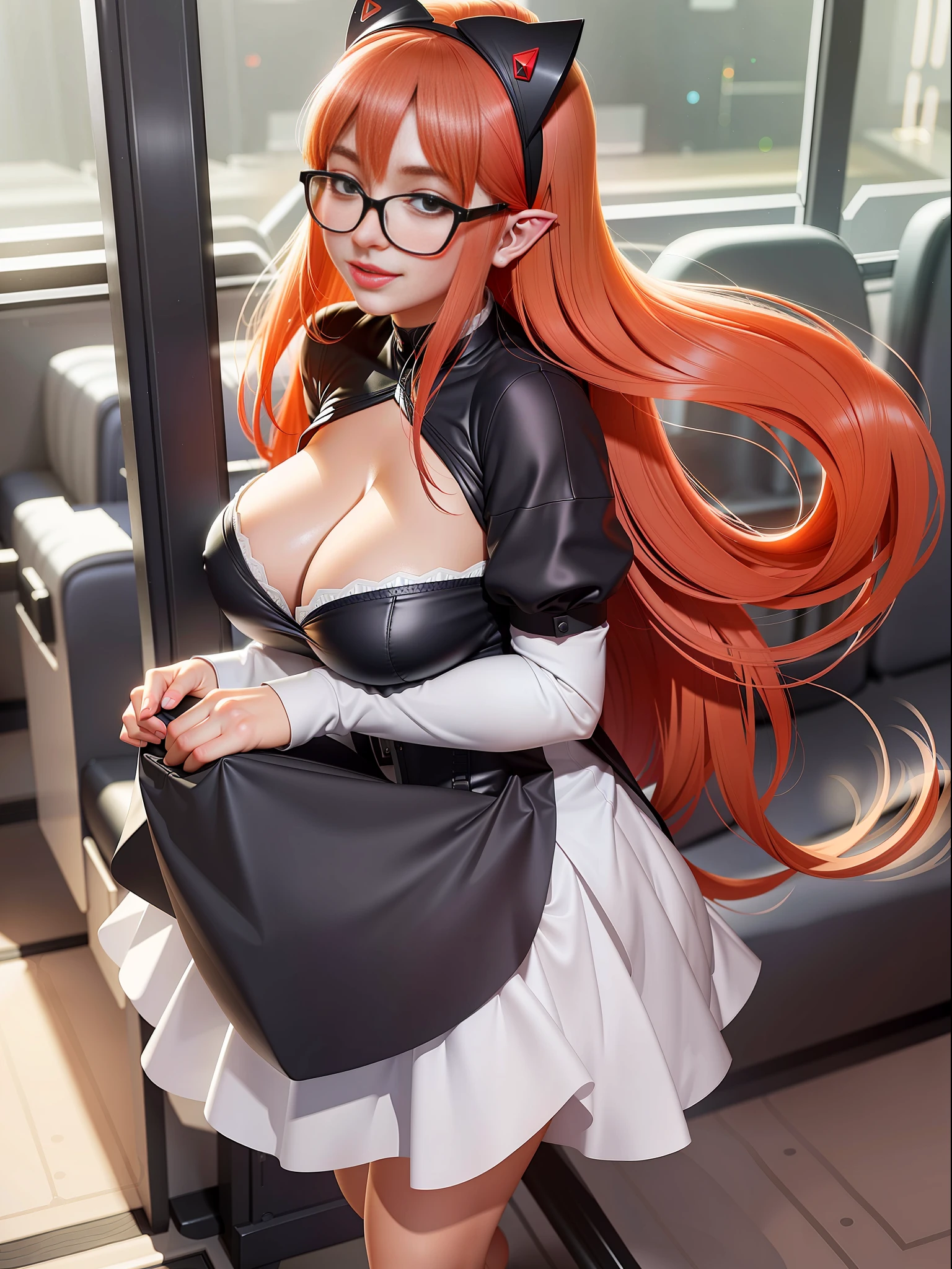 (Full body image: 3.0), completely packed bus with several men around Princess Zelda in Ultraman costume, squeezing her body, furry old man with bearded 90-year-old glasses holding her from behind. She has huge breasts, red hair in the wind, light green eyes, her look has a black shirt with white shot and white corset. They are around her to cover up the old man's actions. She's happy giving a beautiful smile and showing off. Anime style, (16k:1.5), (highly detailed), (maximum quality), (maximum resolution), sharp focus.