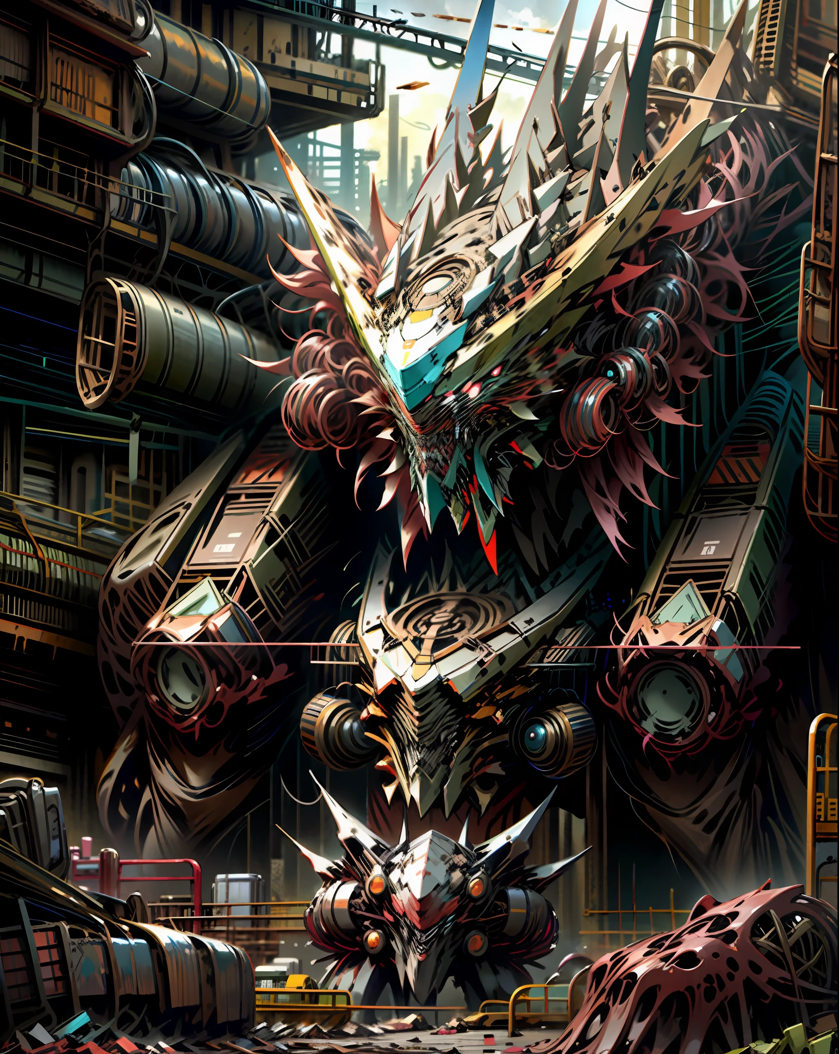 WICKMECHA MONSTER VS.MECHA MONSTER IN FRONT OF AMECHA DRIVER IN A DESTROYED BACKGROUND CITY