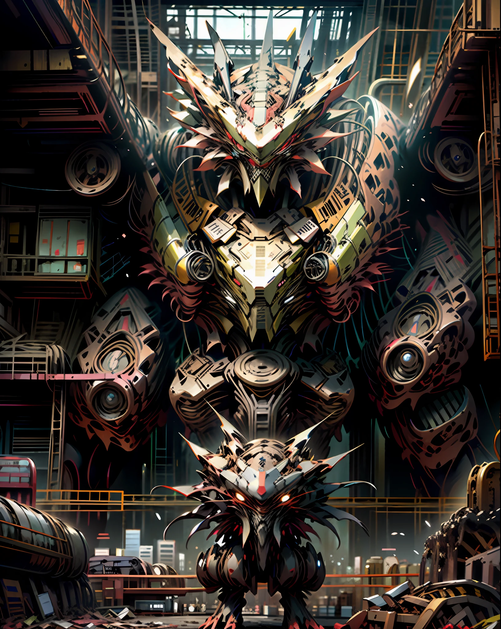 WICKMECHA MONSTER VS.MECHA MONSTER IN FRONT OF AMECHA DRIVER IN A DESTROYED BACKGROUND CITY