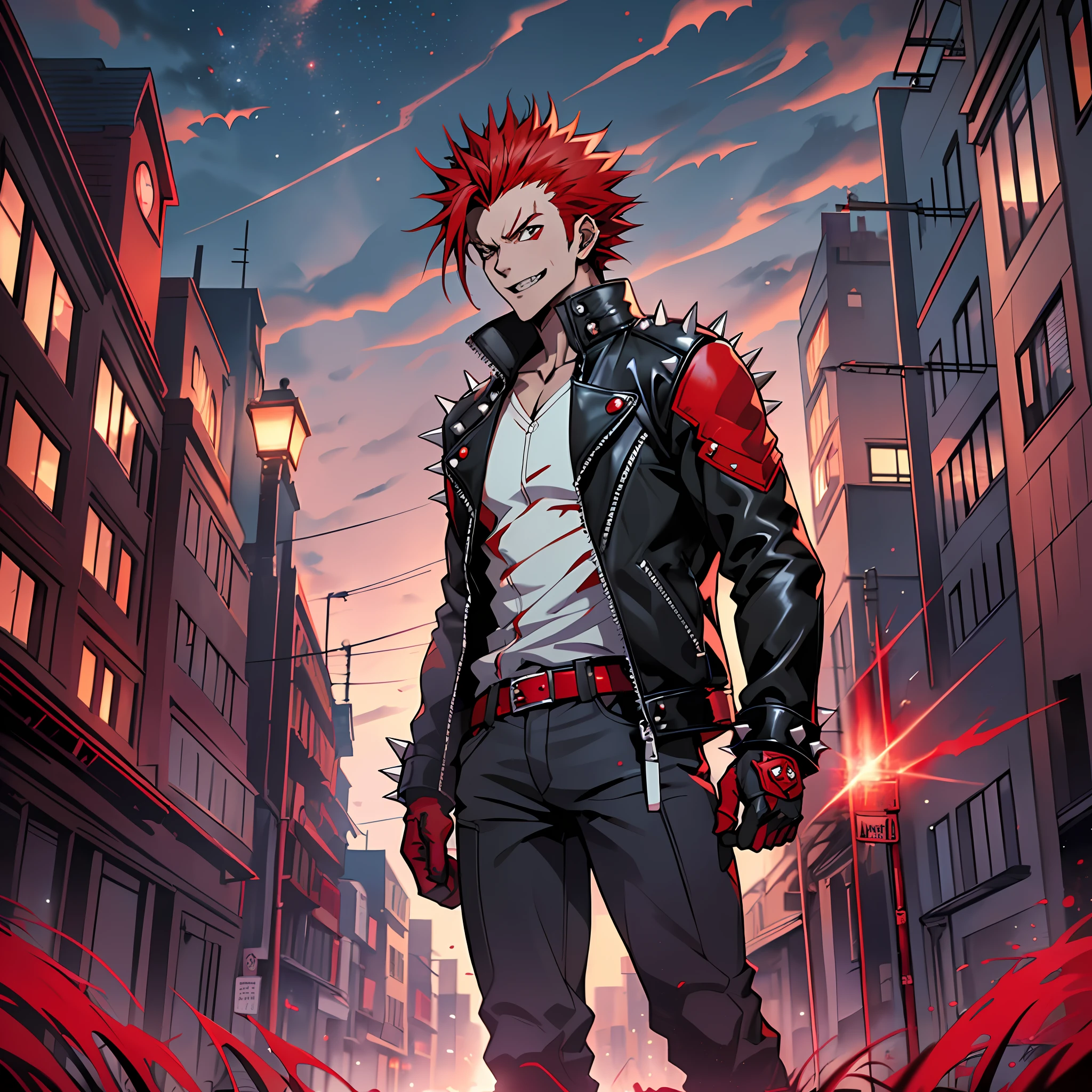 1male, anime character with red hair and a black biker jacket, anime handsome man, (((short spiky red hair))), with red hair, solo, ((suoh mikoto)), k project, (((vampire))), (insanity), malkavian, (spirits following behind), city in background, (night), laughter, cowboy shot, dynamic lighting, pixiv, masterpiece, vampire the masquerade