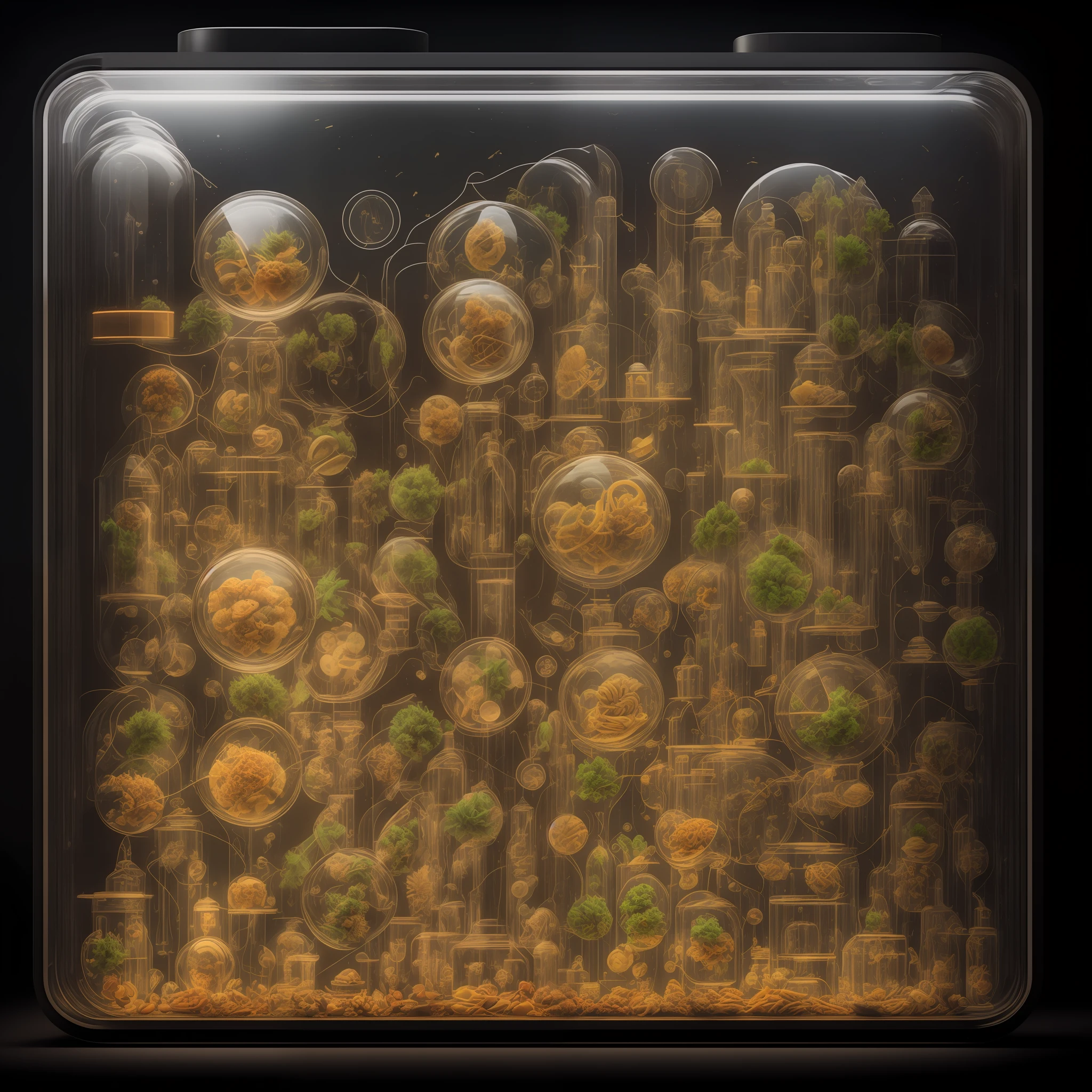 (knollingcase:0.5), a hamburger, showcase, labeled, overlays, OLED display, annotated, annotations, technical, knolling, diagram, technical drawing, dramatic lighting, brightness, dof, reflections, refractions, cannabis, marijuana, marijuana leaves, bud of weed
