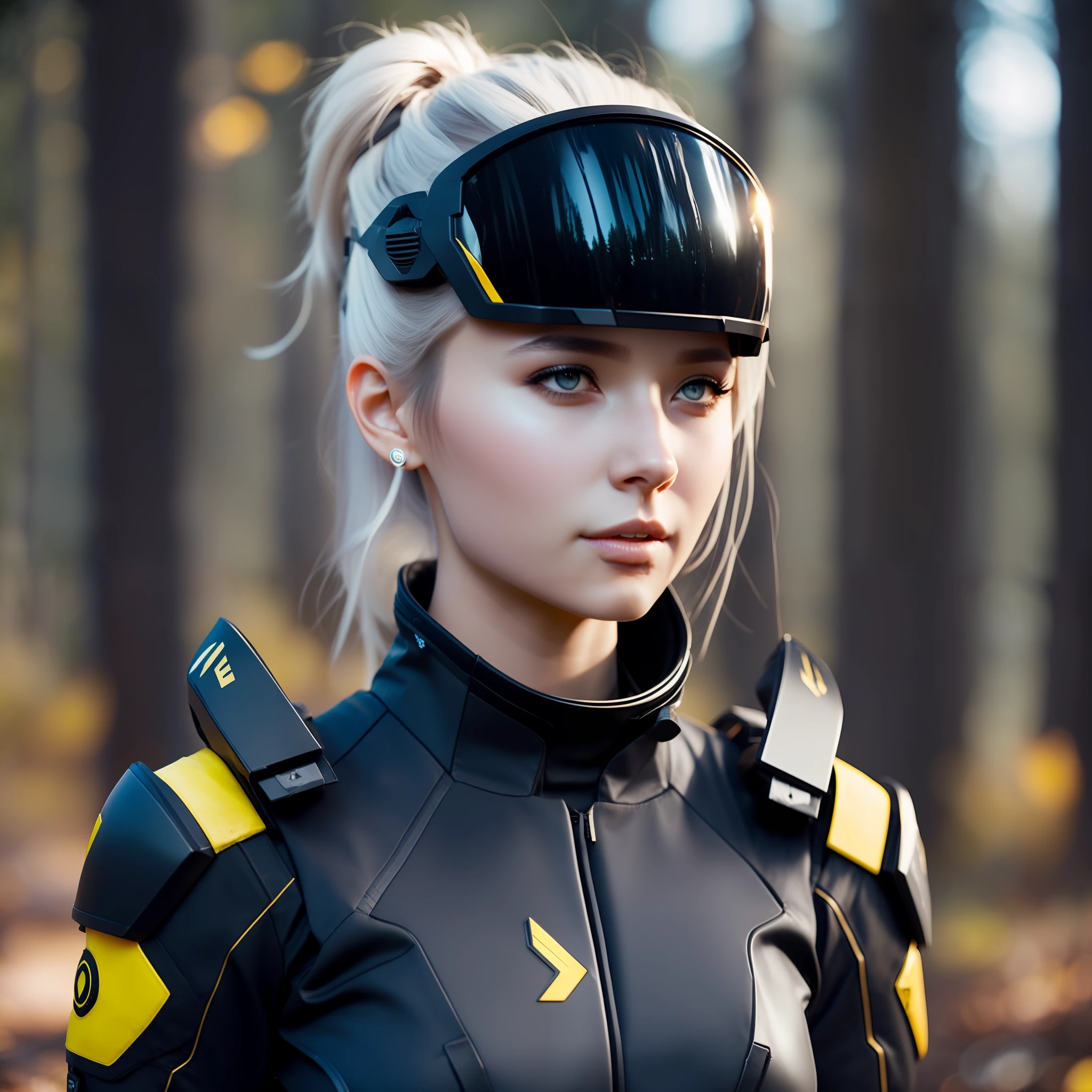 fking_scifi, award-winning photo of a girl, black flight suit with yellow accents, (gray eyes:1.35), square jawline, asymmetric face, standing on a forest, 80mm, bokeh, mass effect, fking_cinema_v2,white hair