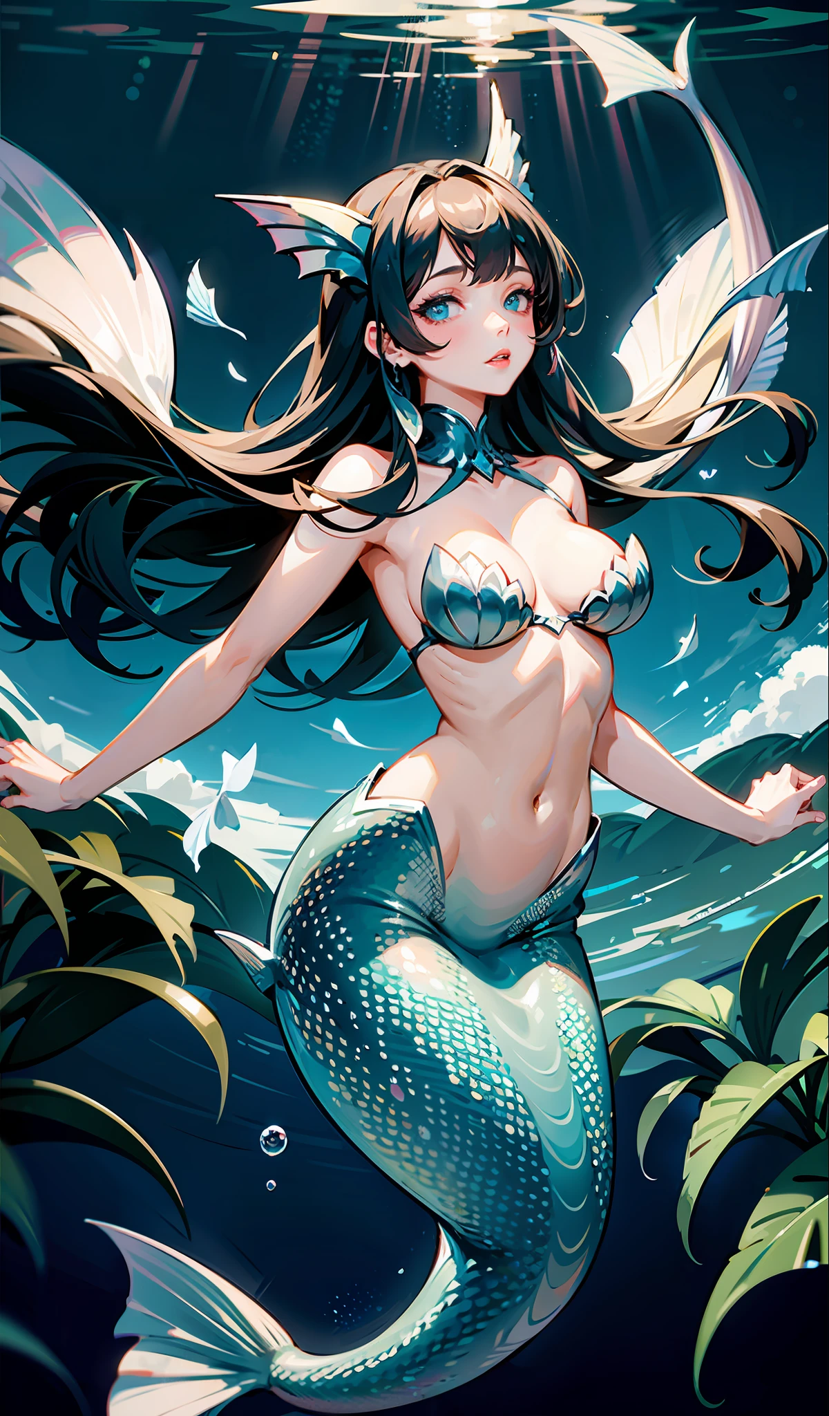 (Masterpiece), Best Quality, Ultra High Resolution, 1girl, Symmetrical Eyes, Part of Lips, (Mermaid), Thin Waist, Medium Breasts, Headgear, Underwater (Ulzzang-6500-V1.1:0.9)