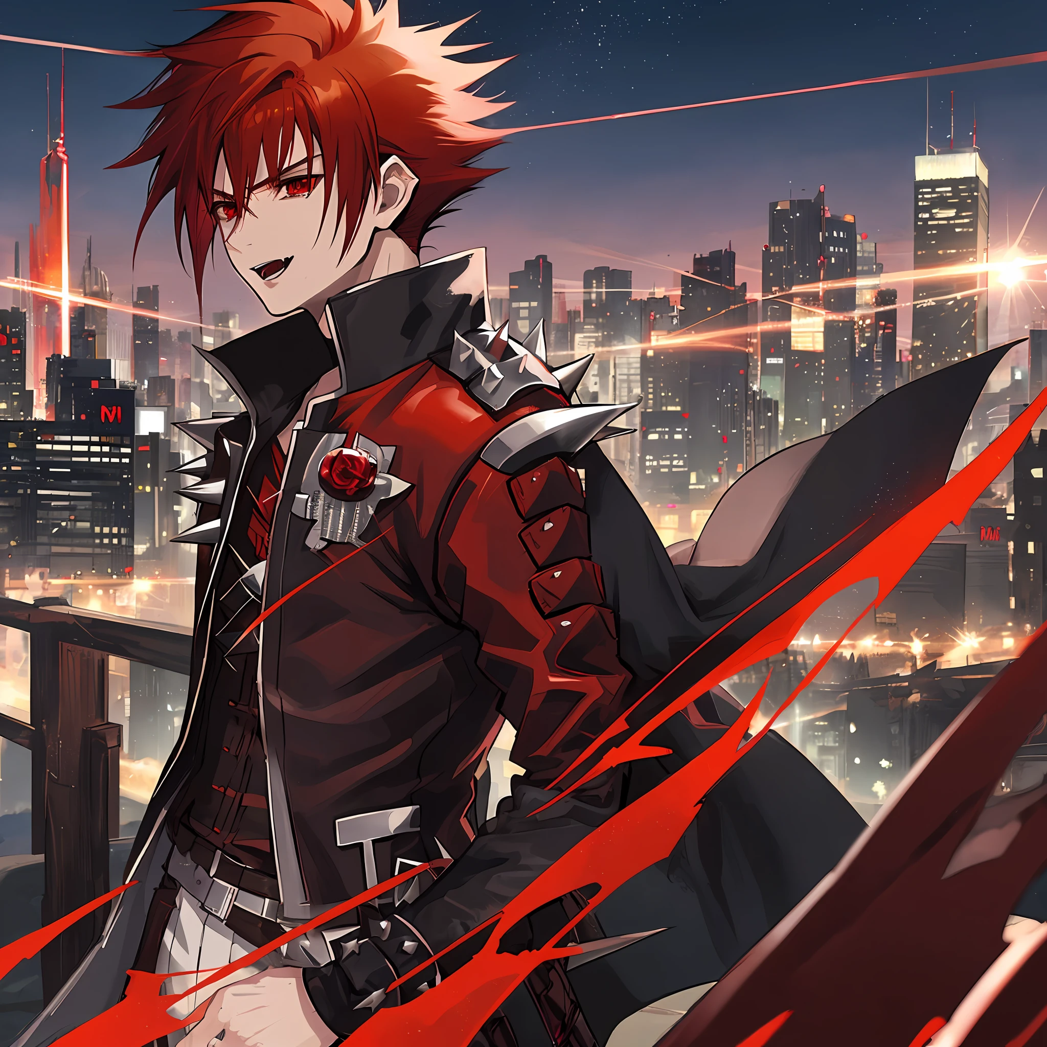 1male, anime character with red hair and a black biker jacket, anime handsome man, (((short spiky red hair))), with red hair, solo, ((suoh mikoto)), k project, (((vampire))), (insanity), malkavian, (spirits following behind), city in background, (night), laughter, cowboy shot, dynamic lighting, pixiv, masterpiece, vampire the masquerade, (modern day), detailed