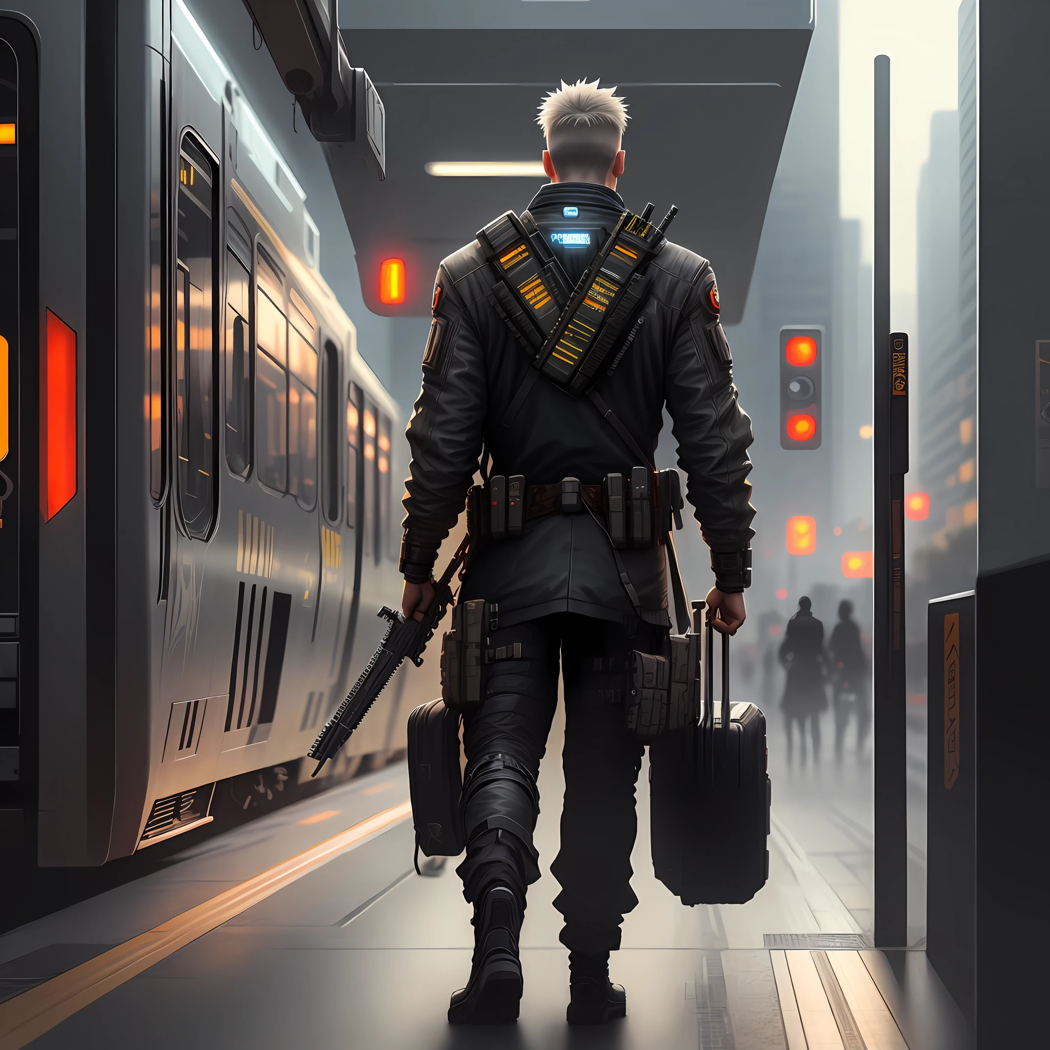 Realistic style, cyberpunk, light rail, man with weapons, turn back
