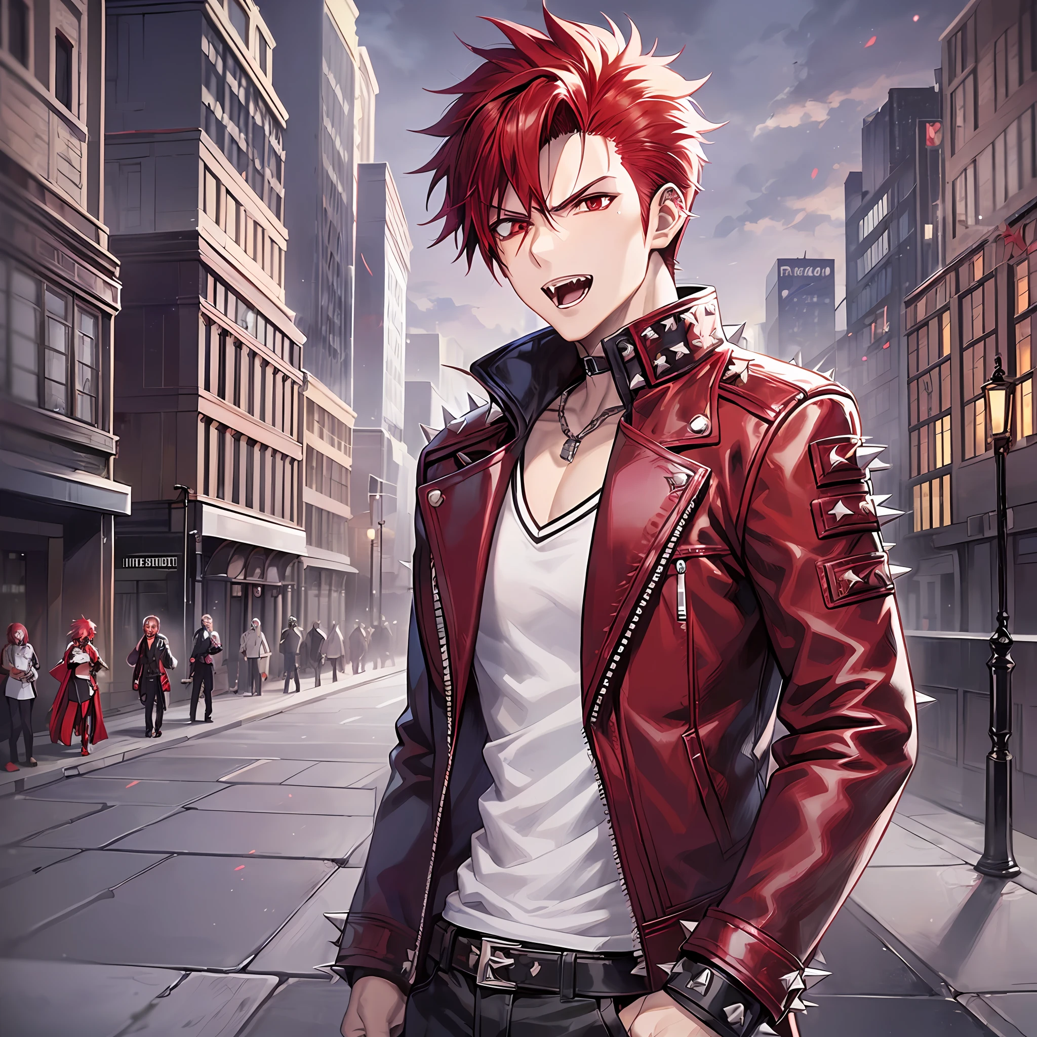 1male, anime character with red hair and a black biker jacket, anime handsome man, (((short spiky red hair))), with red hair, solo, ((suoh mikoto)), k project, (((vampire))), (insanity), malkavian, (spirits following behind), city in background, (night), laughter, cowboy shot, dynamic lighting, pixiv, masterpiece, vampire the masquerade, (blood)