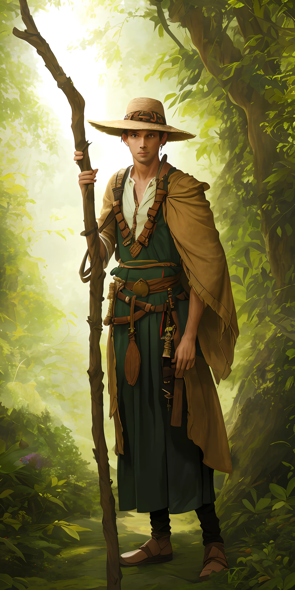 Robin hood in a forrest with a big bag of coins in front off him