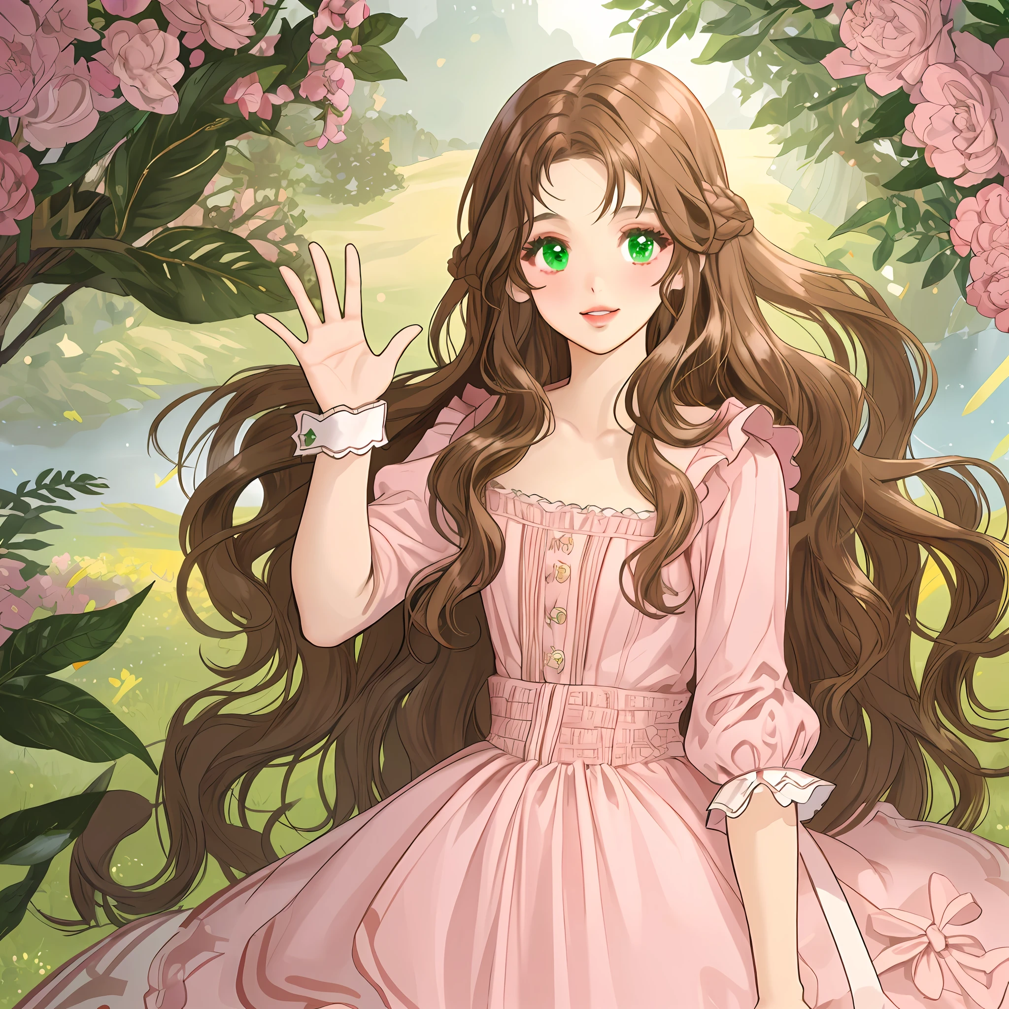 long wavy hair, brown hair, 1girl, emerald eyes, waving with two fingers, pink lips, dressed as Alice in Wonderland,