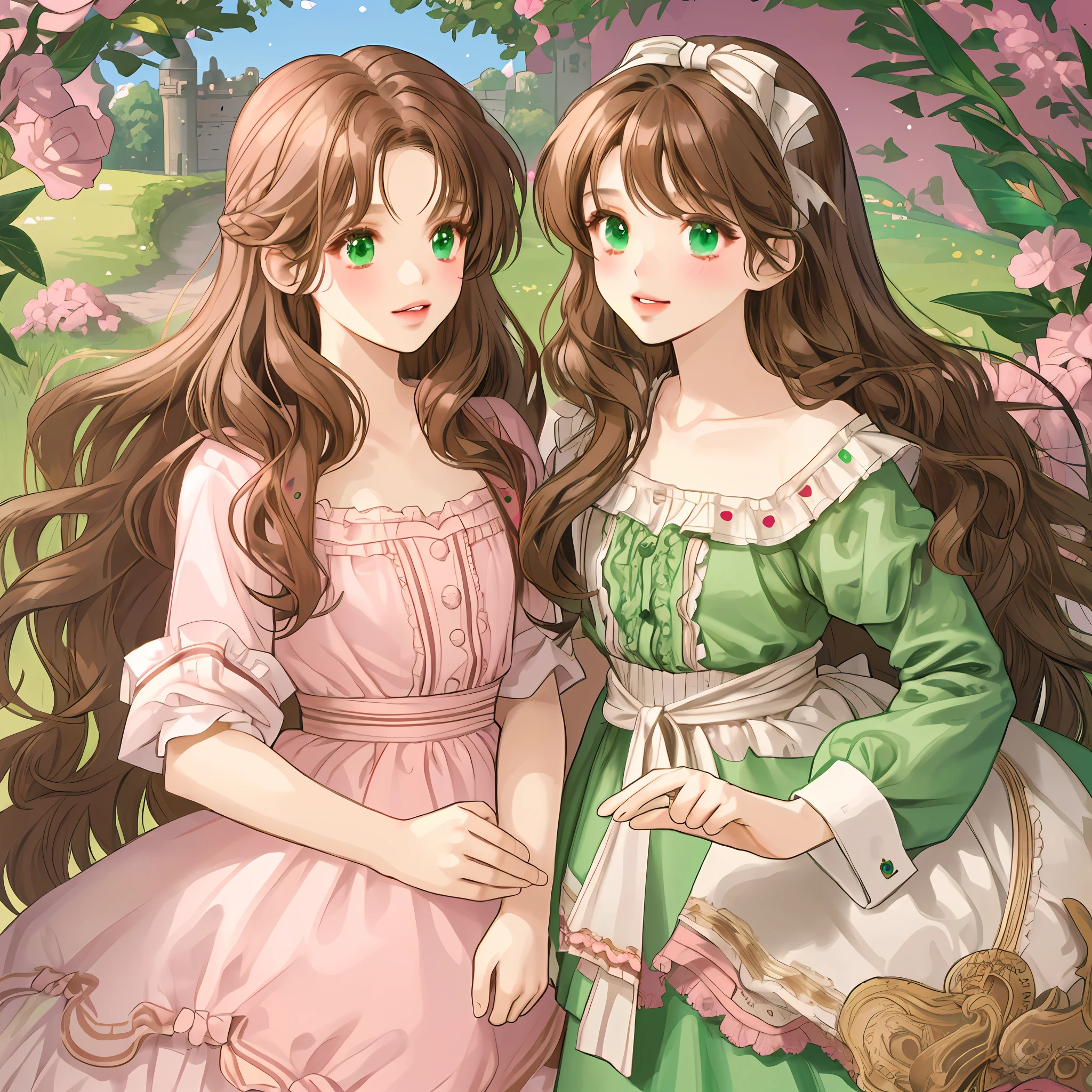 long wavy hair, brown hair, 1girl, emerald eyes, waving with two fingers, pink lips, dressed as Alice in Wonderland,