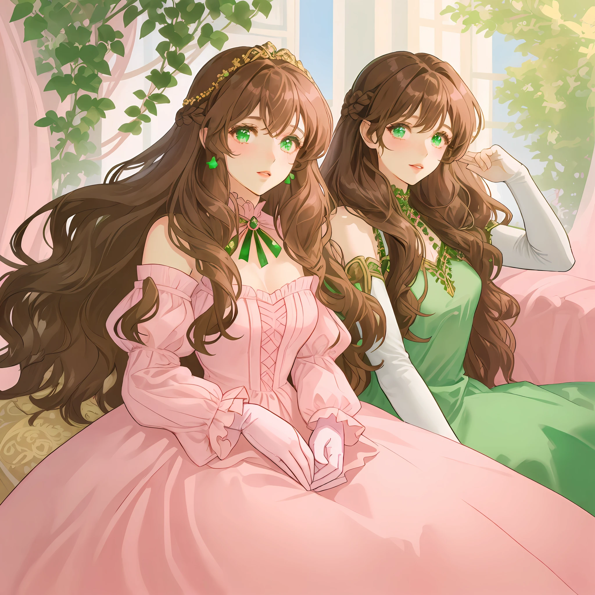 wavy long hair, brown hair, 1girl, emerald eyes, greeting tenderly, pink lips, dressed in a body-tight dress, V-neckline, elbow-length gloves,