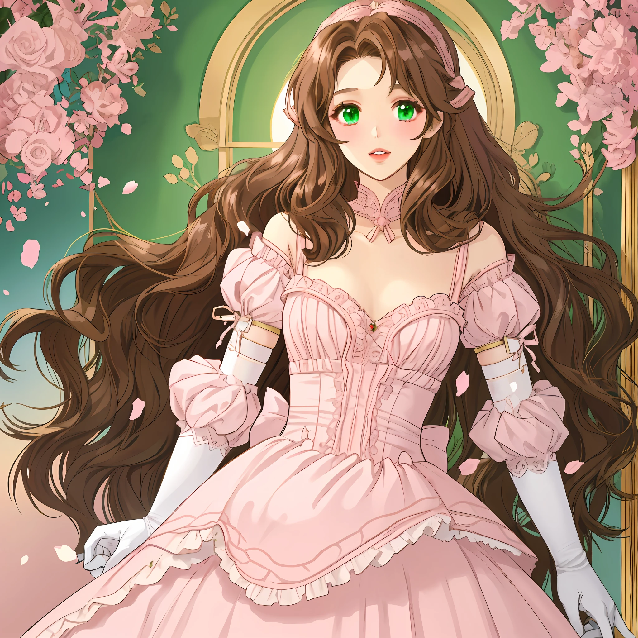 wavy long hair, brown hair, 1girl, emerald eyes, greeting tenderly, pink lips, dressed in a body-tight dress, V-neckline, elbow-length gloves,
