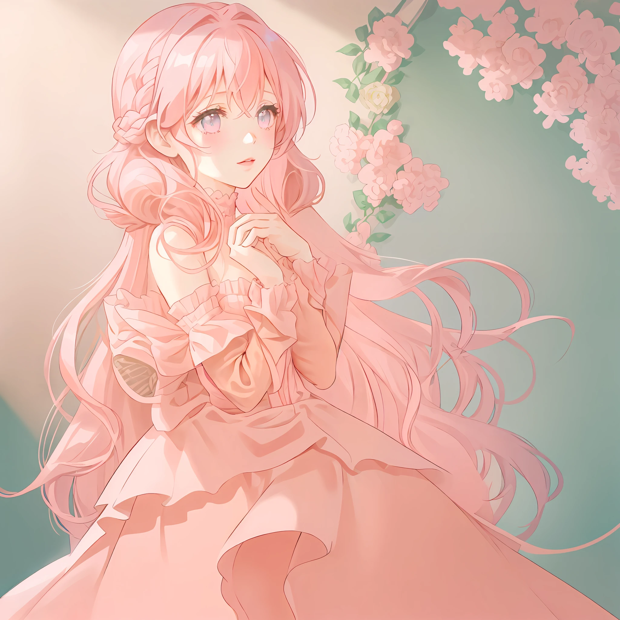 wavy long hair, pastel pink hair, 1girl, peach eyes, greeting tenderly, pink lips, dressed in a body-tight dress, V-neckline, elbow-length gloves,