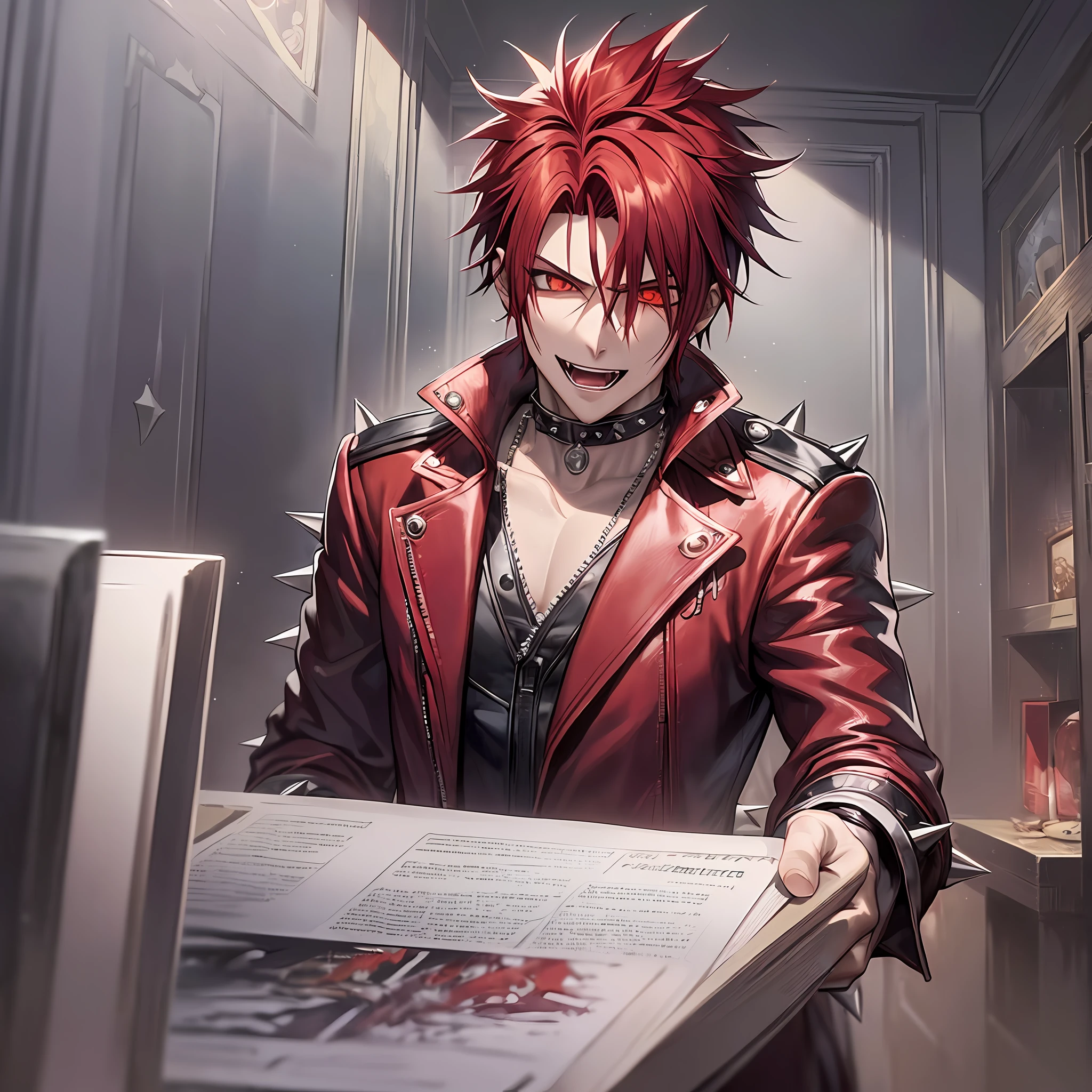 1male, anime character with red hair and a black leather jacket, anime handsome man, (((short spiky red hair))), 1 silver earring, with red hair, solo, ((suoh mikoto)), k project, (((vampire))), (insanity), malkavian, (spirits following behind), city in background, (((night))), laughter, amused, cowboy shot, dynamic lighting, pixiv, masterpiece, vampire the masquerade, (blood), ((hellsing))