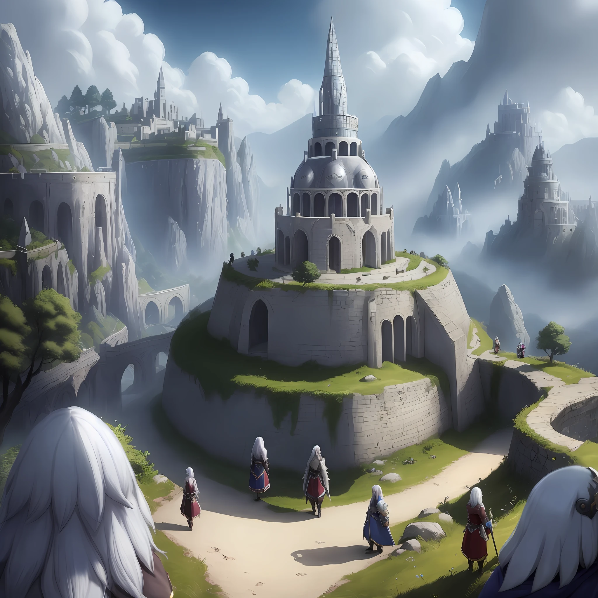 A group of people with silver hair and pale skin, are on the lunar hill, medieval, league of legends