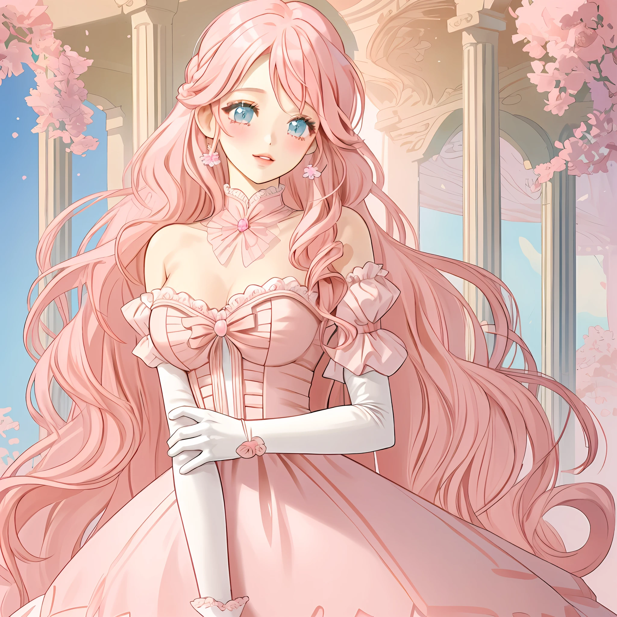 wavy long hair, pastel pink hair, 1girl, peach eyes, greeting tenderly, pink lips, dressed in a body-tight dress, V-neckline, elbow-length gloves,