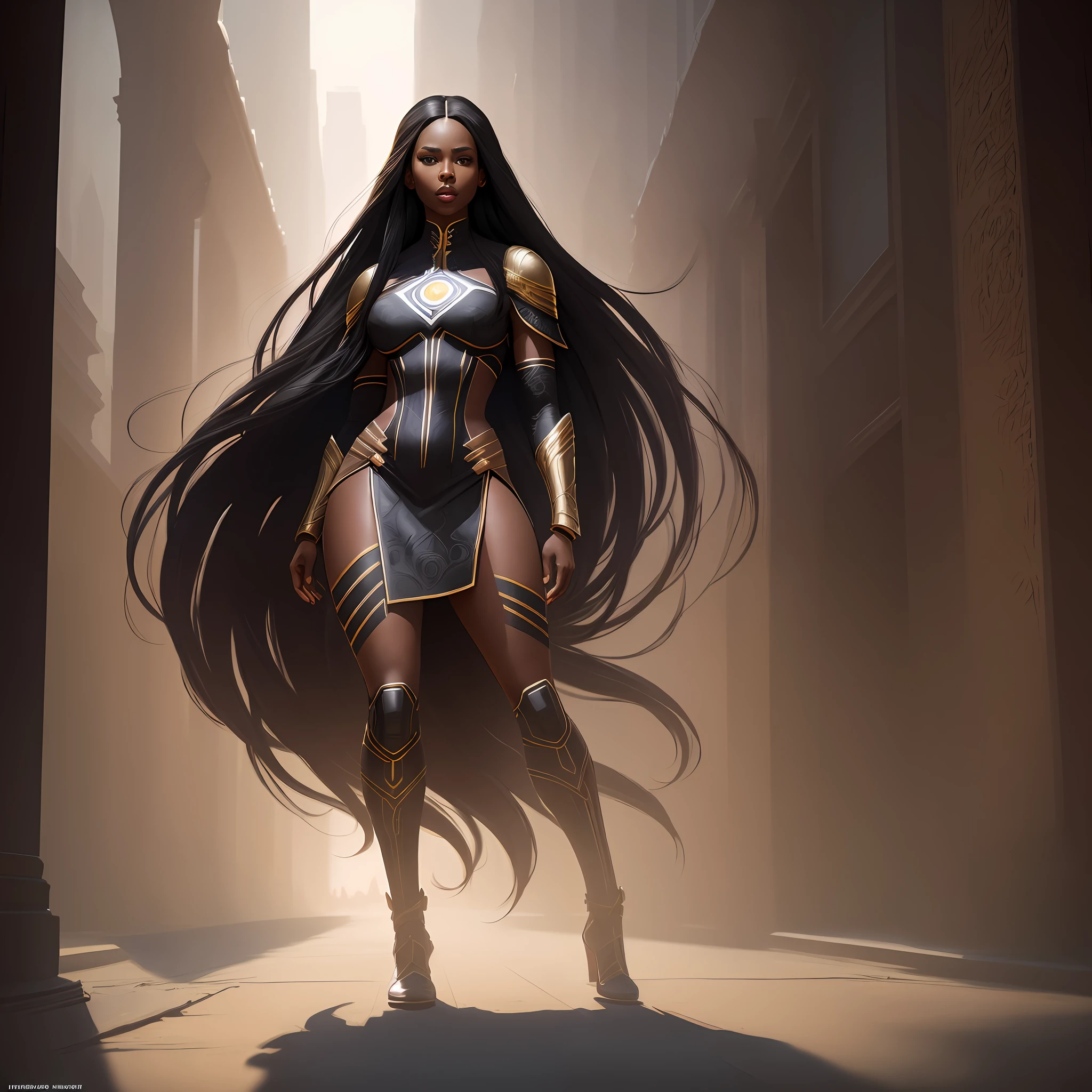 Full body photo of the world's most beautiful artwork with a beautiful black woman, African style, with long straight hair, dressed in a Marvel heroine-style outfit, iridecent, trending in ArtStation, CGSociety, Intricate, High Detail, Sharp focus, dramatic, photorealistic painting art by greg Rutkowski