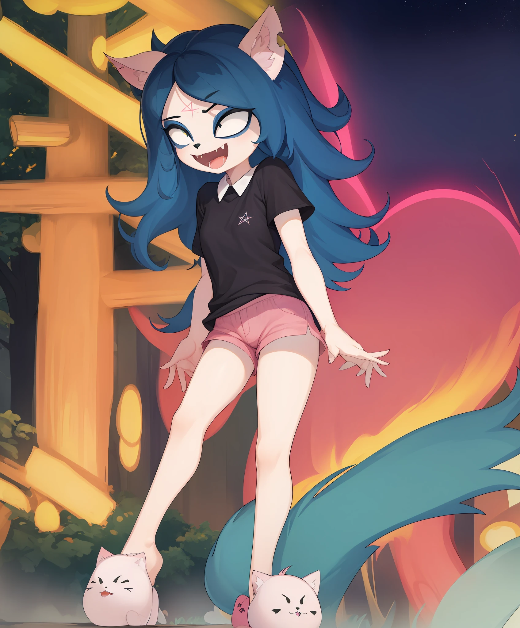 claire, furry catgirl, white fur, blue long hair, parted bangs, fangs, (black eyes:1.000), slit pupils, pentagram forehead mark, black tee shirt, short sleeves, pink animal slippers, pink lounge shorts, cat ears, cat nose, open mouth, smile, standing, solo, full body, white outline, forest background (nighttime, starry sky), (masterpiece), best quality, left hand pointing