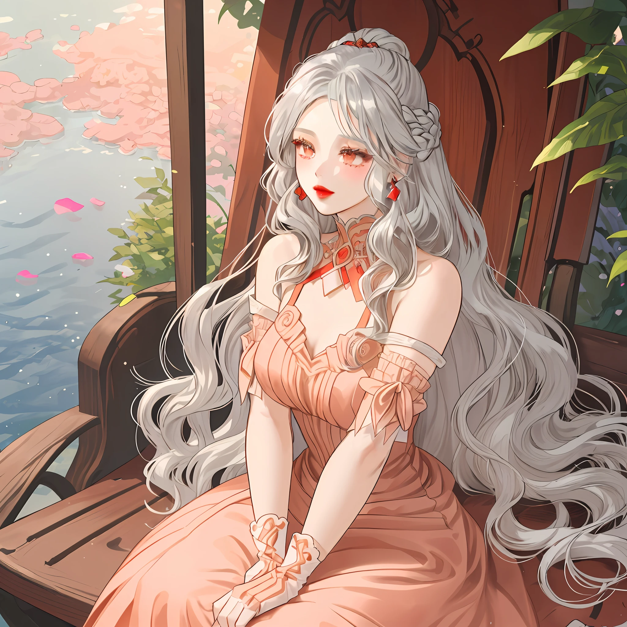 wavy long hair, silver hair, 1girl, peach eyes, red lips, dressed in a body-snug dress, V-neckline, elbow-length gloves, her hands squatted on her chin, sitting on a bench,