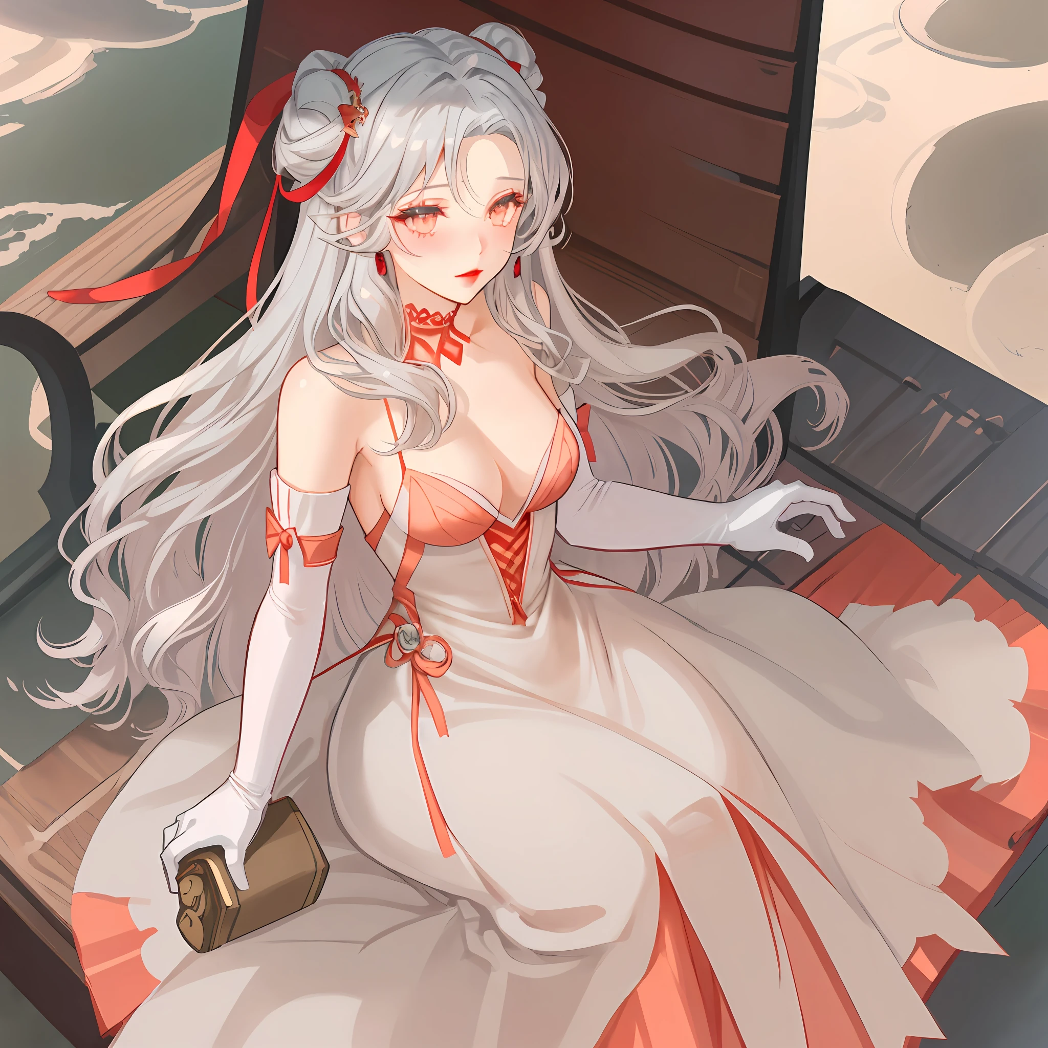 wavy long hair, silver hair, 1girl, peach eyes, red lips, dressed in a body-snug dress, V-neckline, elbow-length gloves, her hands squatted on her chin, sitting on a bench,