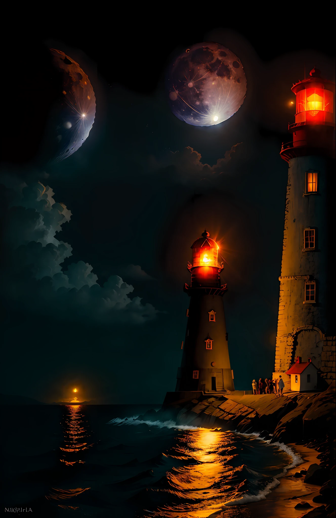 ((night)), ((full moon)), ((lighthouse)) a couple watching hand in hand rather scary black forest