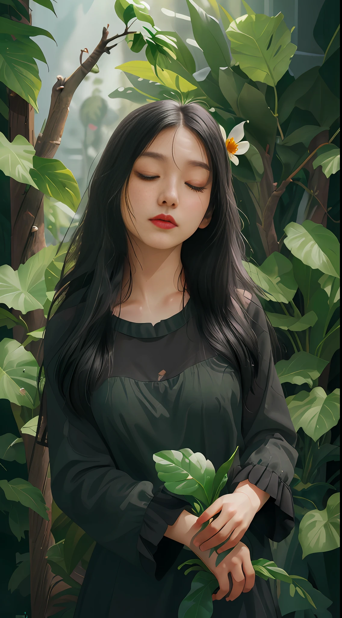 Best quality, Ultra High Resolution, (Realistic:1.4), 1 girl, black_hair, branch, closed_eyes, flower, leaf, long_hair, long_sleeves, plant, potted_plant, solo, upper_body, vine