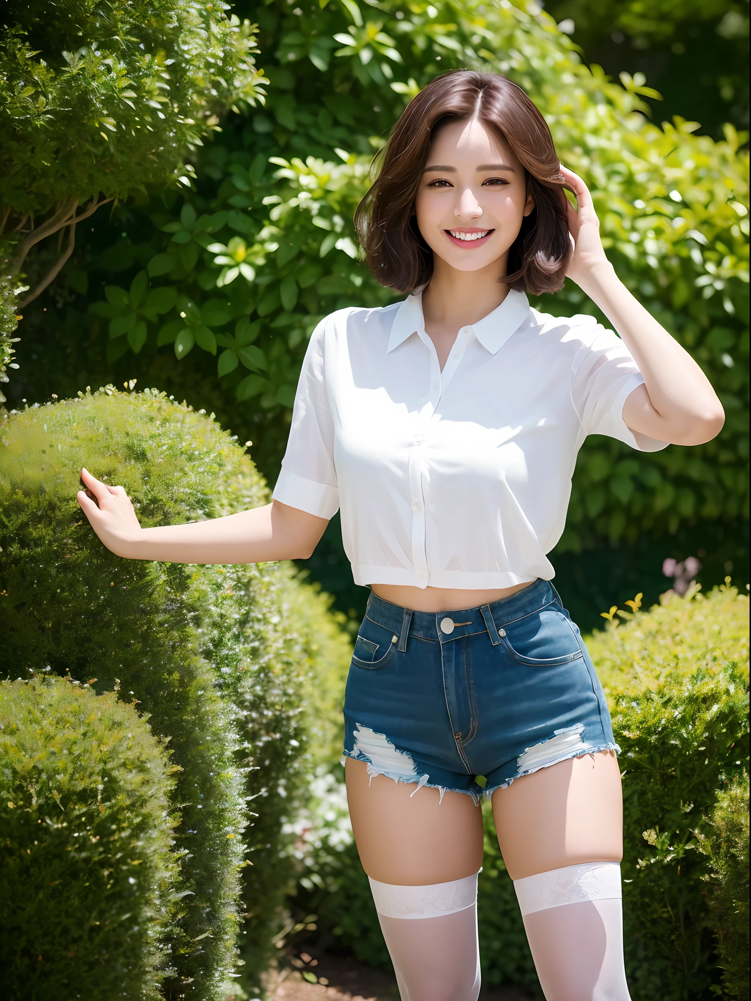 (masterpiece), 8K resolution, ultra-high-definition details, beautiful dark brown short hair, Henry flower shirt, ripped shorts, standing in the garden, long legs, white stockings, highly detailed facial skin, smiling eyes, perspective gaze into the camera.