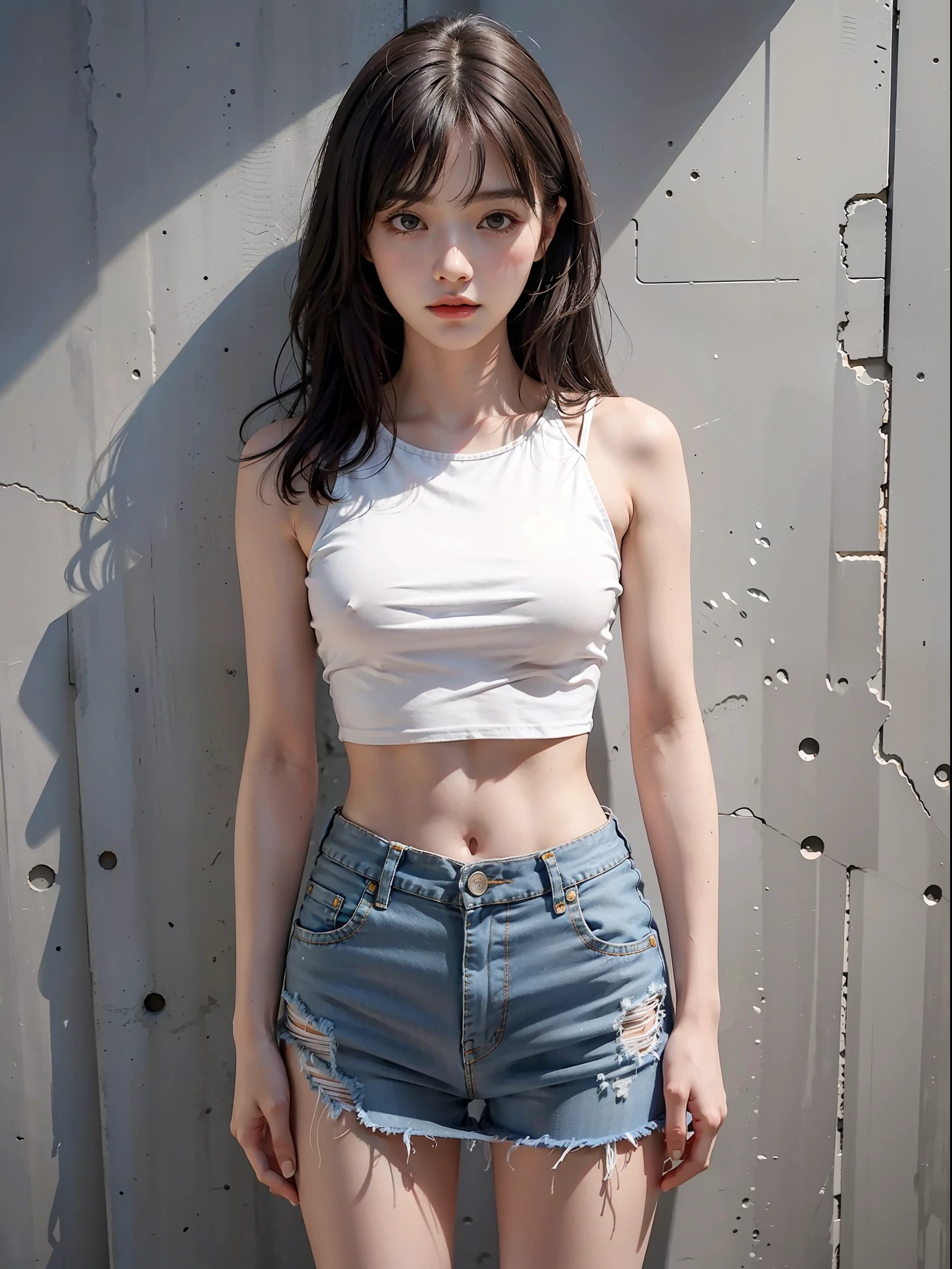 Best quality, full body portrait, delicate face, 18 year old girl, slim figure, small bust, white crop top T-shirt, waist pink denim skirt, gymnasium scene, standing tall