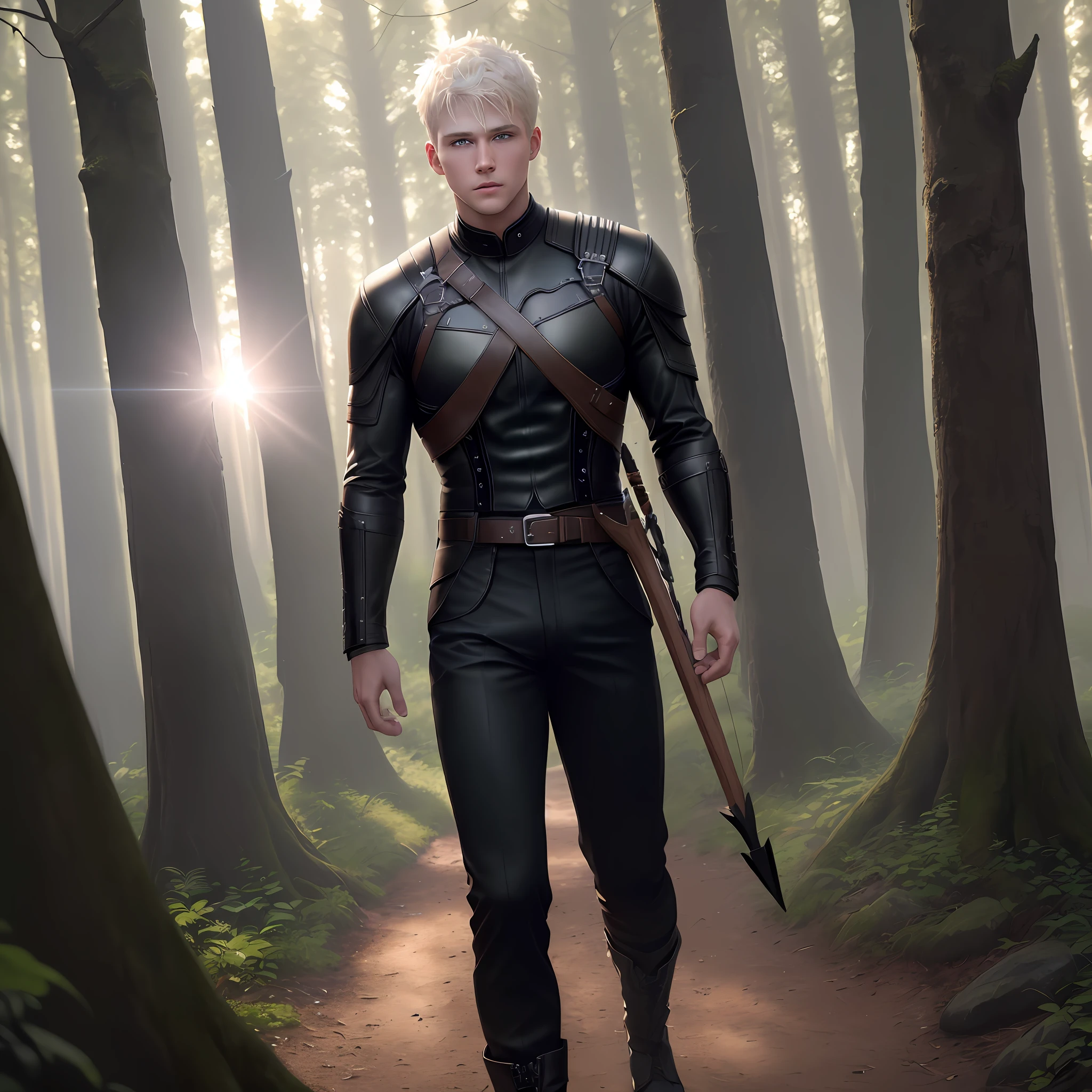A full-bodied, blond man with short white hair, blue eyes, tall, strong, is wearing black clothes. Black pants, black leather boot, black leather jacket, black shirt, on his back is a bow and several arrows, is in a forest. ultra realistic image, 8k uhd, dslr, soft_lighting, best_quality, Fujifilm_XT3, high_resolution, shot on a Canon EOS R5, F/2.8, HDR, ray tracing, bloom, ambient_oscillation, godrays, sun flare,masterpiece, best quality, intricate, tone map, high detail, artstation, concept art, smooth, sharp focus, realism (highly detailed background: 1.0)