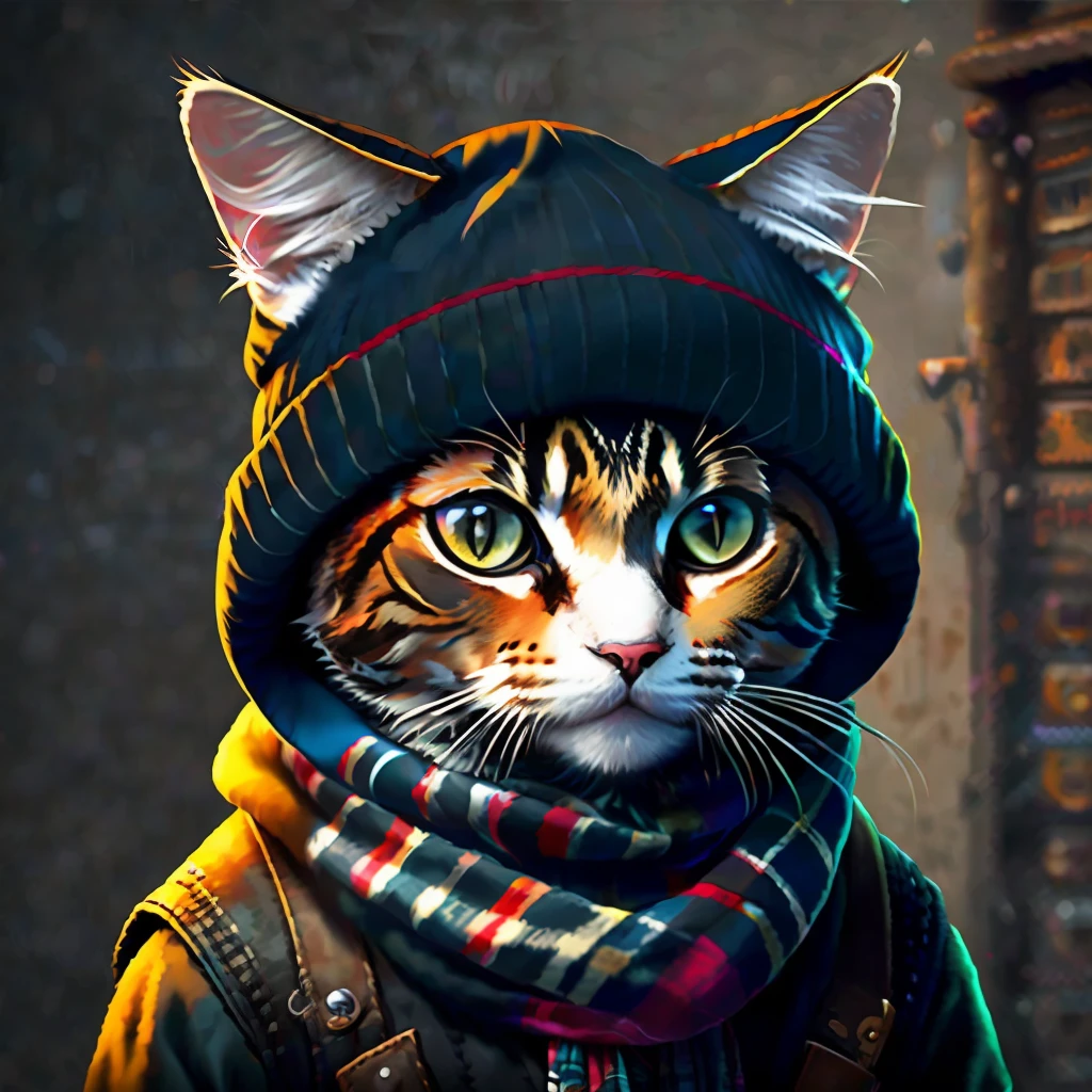 picture of a cat in a hat and scarf, art station trend, dressed in punk clothes, hyper realistic detailed rendering, british gang member, urban style, intimidating pose, planet of cats, fashion clothes, urban samurai, meow, west slavic traits, 8 1 5