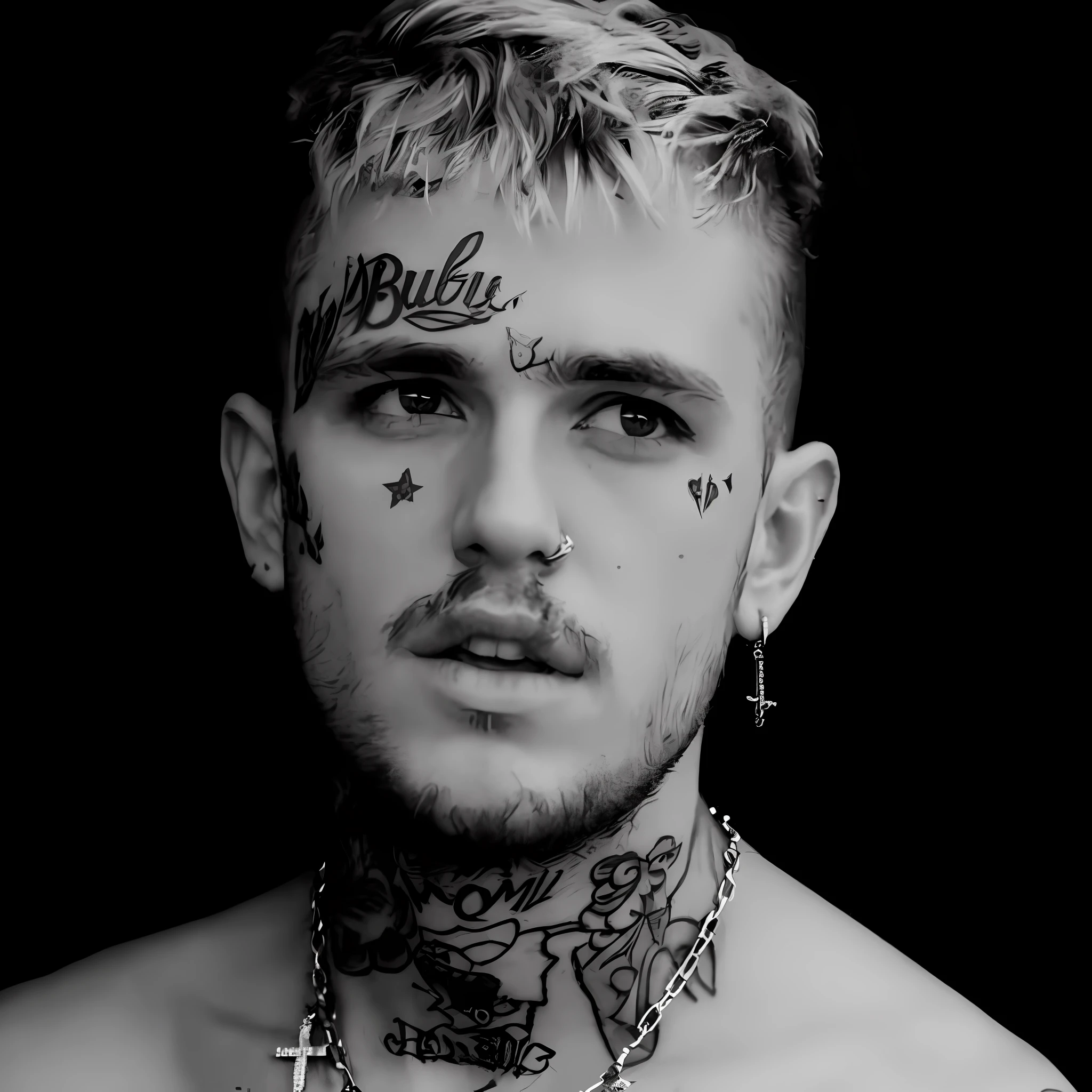 a close up of a man with tattoos on his chest, lil peep, style of seb mckinnon, inspired by Seb McKinnon, liam, wearing a bandana and chain, inspired by Cam Sykes, with rune tattoos on the face, tyler, marshal mathers, with facial tattoo, yung lean, golden face tattoos, inspired by Kyle Lambert, liam brazier and nielly