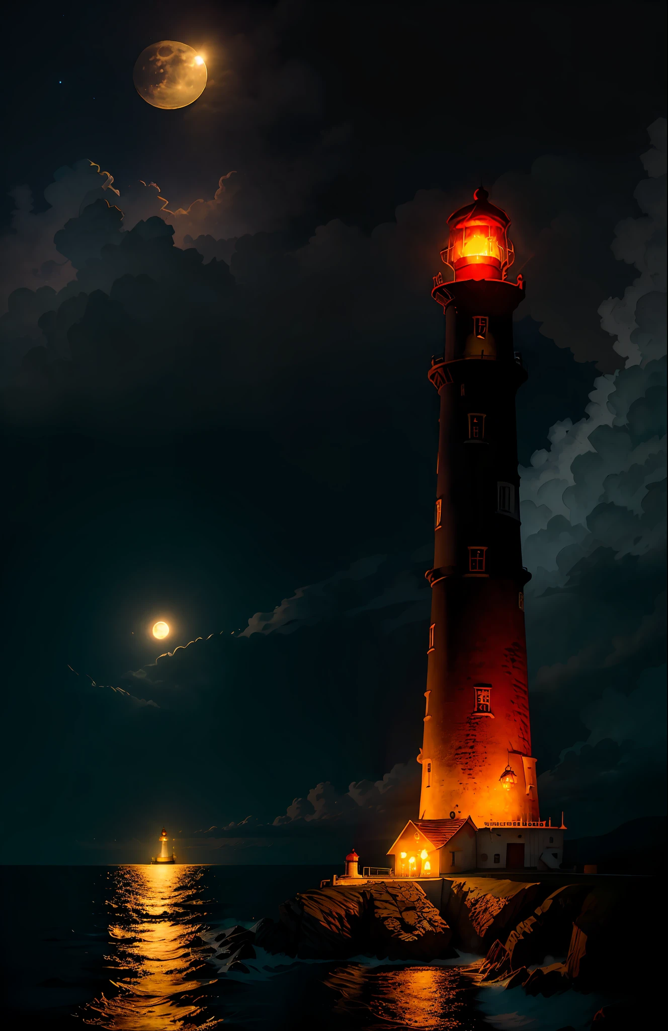 ((night)), ((full moon)), ((lighthouse)) a couple watching hand in hand rather scary black forest