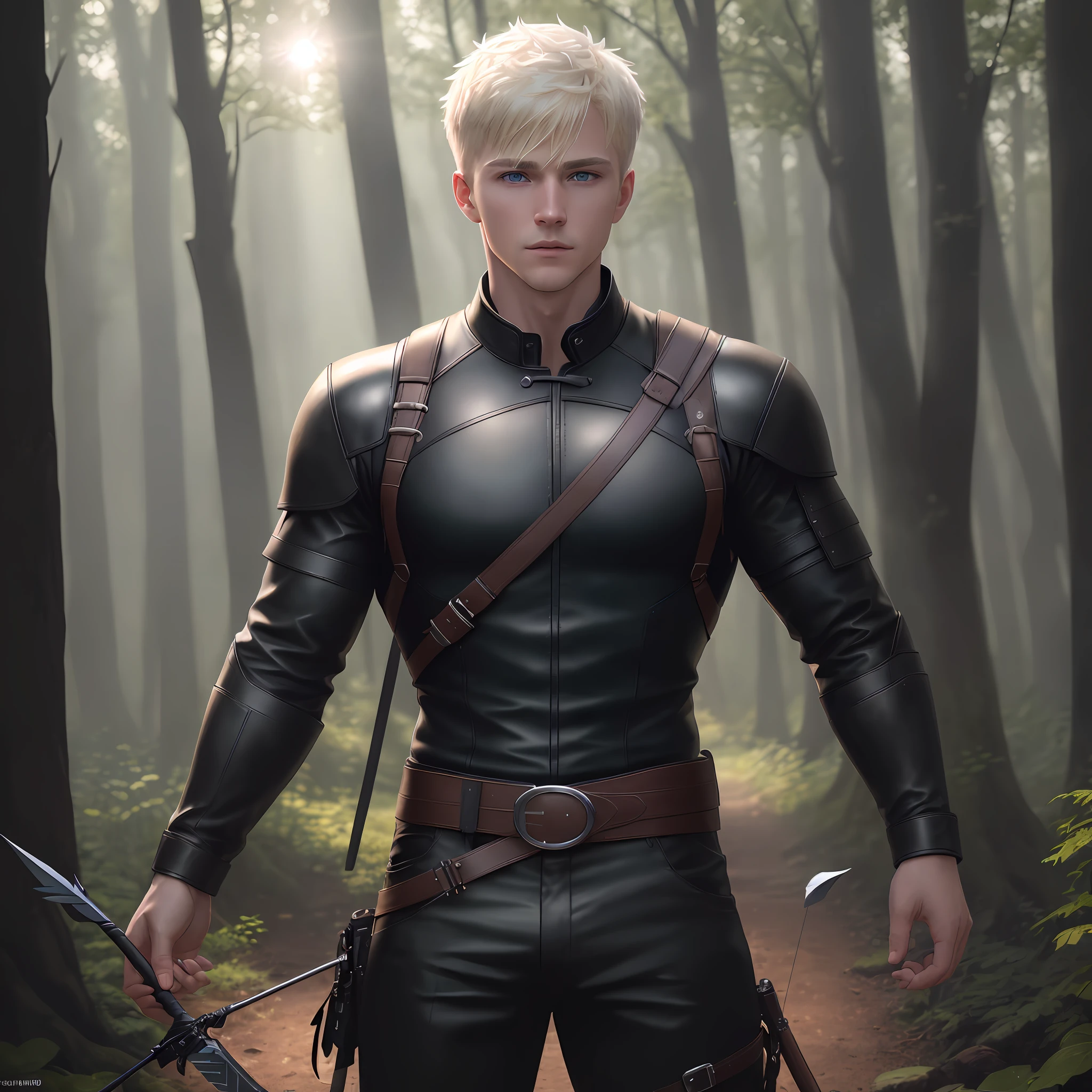 A man, blond with short white hair, blue eyes, tall, strong, is wearing black clothes. Black pants, black leather boot, black leather jacket, black shirt, on his back is a bow and several arrows, is in a forest. ultra realistic image, 8k uhd, dslr, soft_lighting, best_quality, Fujifilm_XT3, high_resolution, shot on a Canon EOS R5, F/2.8, HDR, ray tracing, bloom, ambient_oscillation, godrays, sun flare,masterpiece, best quality, intricate, tone map, high detail, artstation, concept art, smooth, sharp focus, realism (highly detailed background: 1.0)