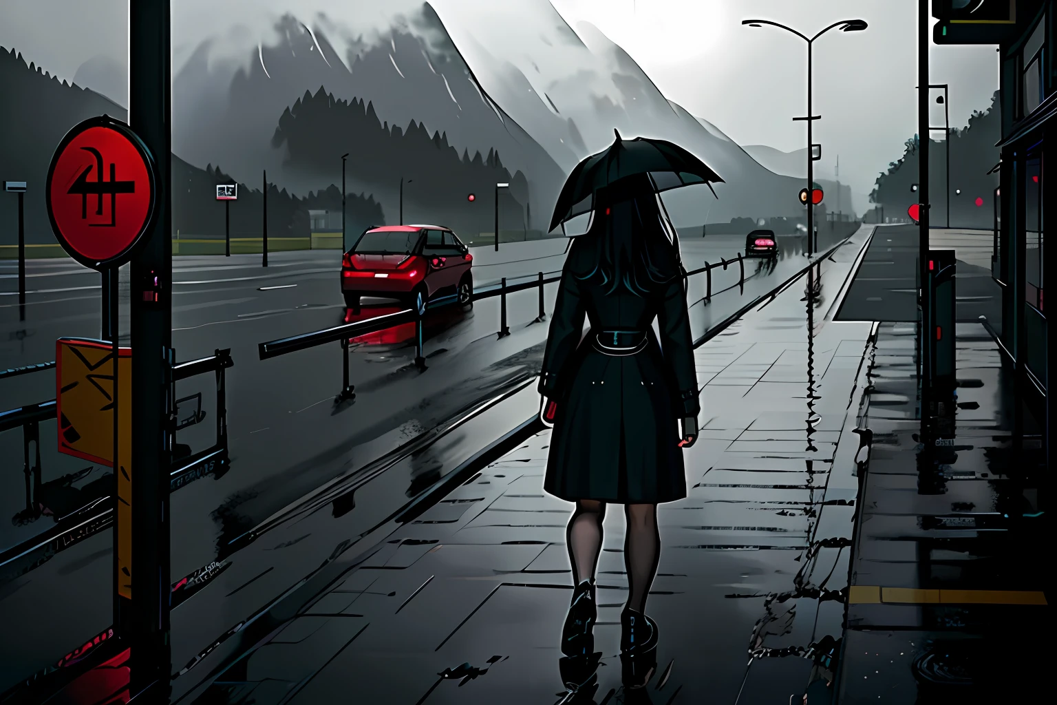 A woman in a black trench coat, ordinary looking, long black hair, rainy, cloudy, bus stop, rainy, desolate, suburban, mountain, telephone pole, signage