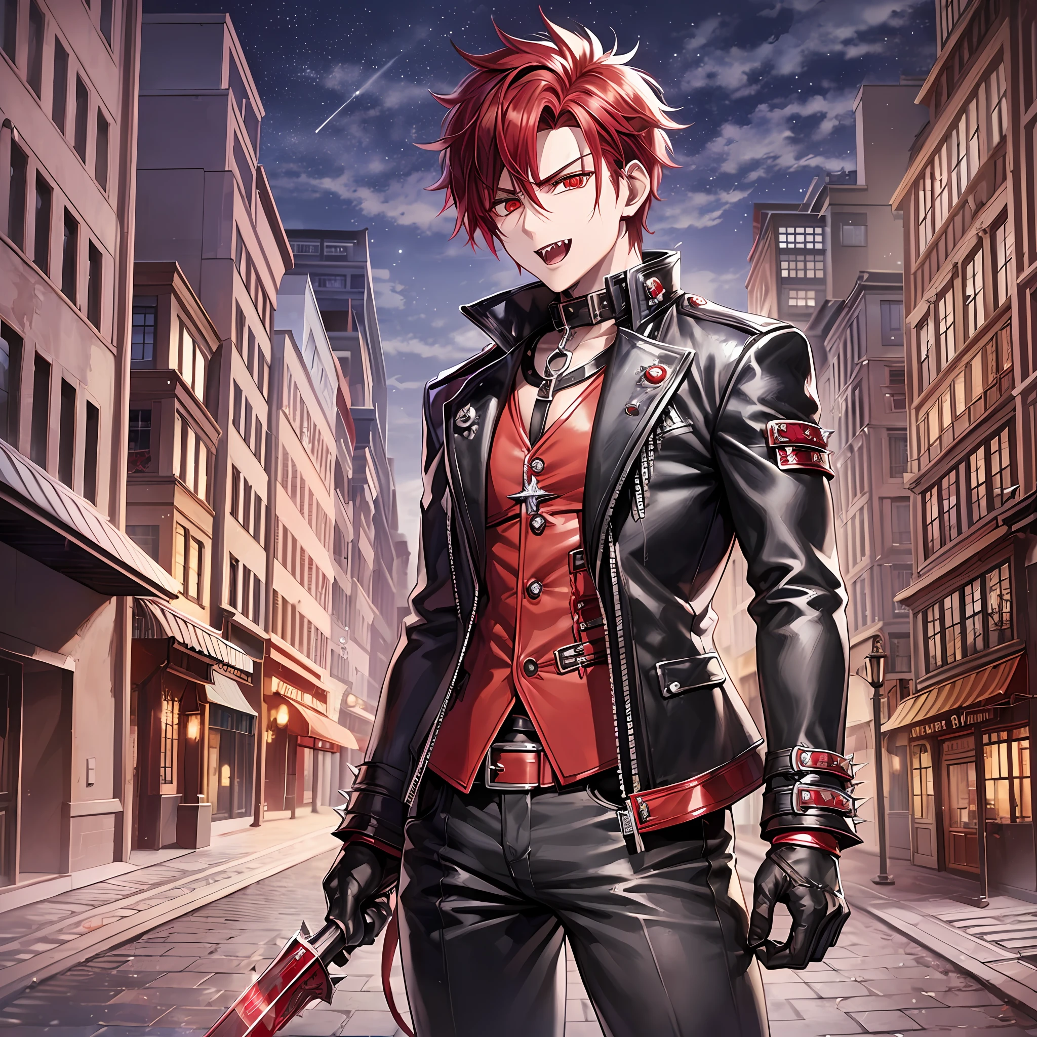 1male, anime character with red hair and a black leather jacket, anime handsome man, (silver eyes), (((short spiky red hair))), (ear cuff), with red hair, solo, ((suoh mikoto)), k project, (((vampire))), (insanity), malkavian, (spirits following behind), city in background, (((night))), laughter, amused, cowboy shot, dynamic lighting, pixiv, masterpiece, vampire the masquerade, (blood), ((hellsing))