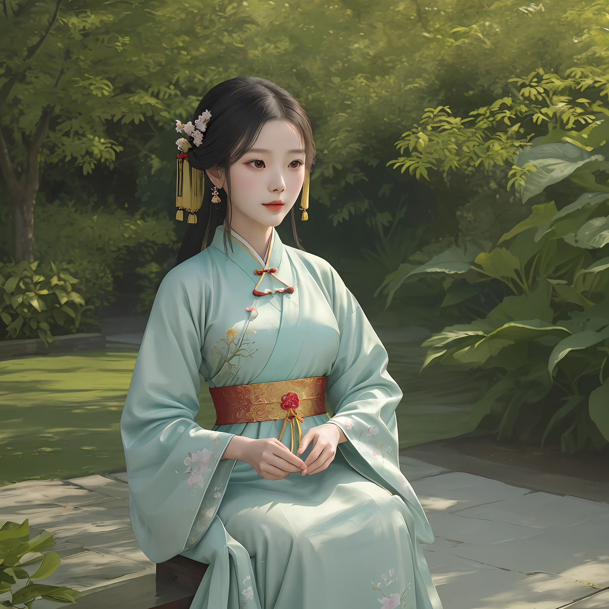 Create a stunning and elegant depiction of a beautiful woman wearing traditional Chinese clothing known as "Hanfu". Capturing details of garments' intricate designs, textures and colors, accentuating flowy dresses and elegant accessories. Place the theme in a peaceful garden or courtyard, amidst blooming flowers and lush greenery, with the breeze rustling the leaves. Evoking a sense of tranquility and calmness, showing the charm and charm of traditional Chinese fashion, depicting a woman's noble and elegant manners and dignified aura. Render images in a vivid, realistic painterly style using gouache or oil paints, with precise brushstrokes and composition that bring not only the subject but the entire scene to life.