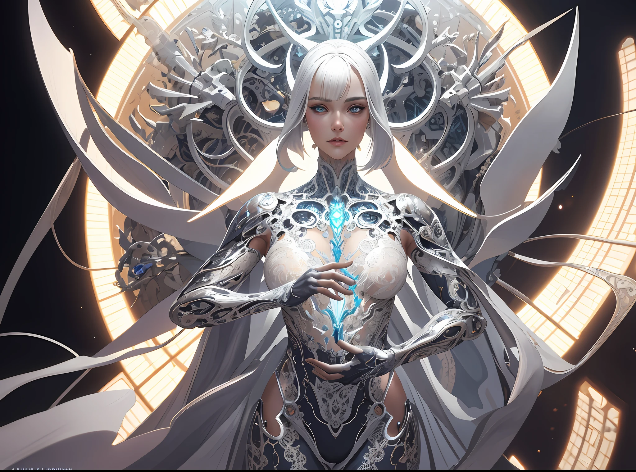organic cyborg, white gold plastic, diffuse lighting, fantasy, intricate, elegant, highly detailed, lifelike, photorealistic, digital painting, artstation, illustration, concept art, smooth, sharp focus, art by John Collier and Albert Aublet and Krenz Cushart and Artem Demura, full body, lace amor
