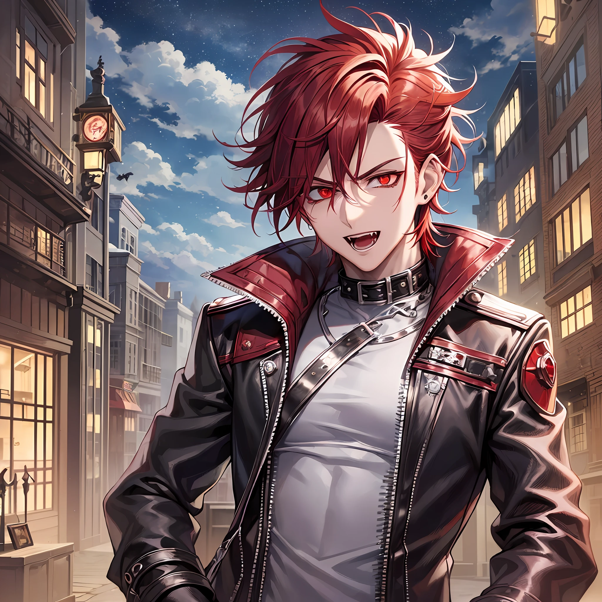 1male, anime character with red hair and a black leather jacket, holding machine, anime handsome man, (silver eyes), (((short spiky red hair))), (ear cuff), with red hair, solo, ((suoh mikoto)), k project, (((vampire))), (insanity), malkavian, city in background, (((night))), laughter, amused, cowboy shot, (dynamic lighting), pixiv, masterpiece, vampire the masquerade, (blood), ((hellsing))