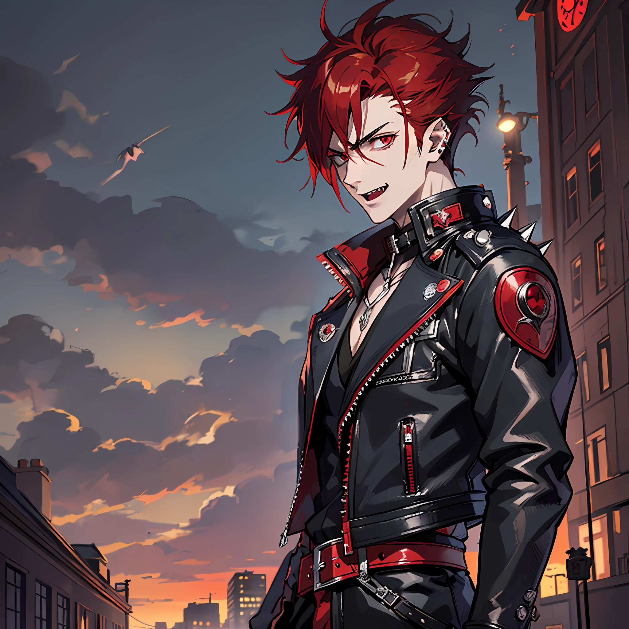 1male, anime character with red hair and a black leather jacket, holding machine, anime handsome man, (silver eyes), (((short spiky red hair))), (ear cuff), with red hair, solo, ((suoh mikoto)), k project, (((vampire))), (insanity), malkavian, city in background, (((night))), laughter, amused, cowboy shot, (dynamic lighting), pixiv, masterpiece, vampire the masquerade, (blood), ((hellsing))